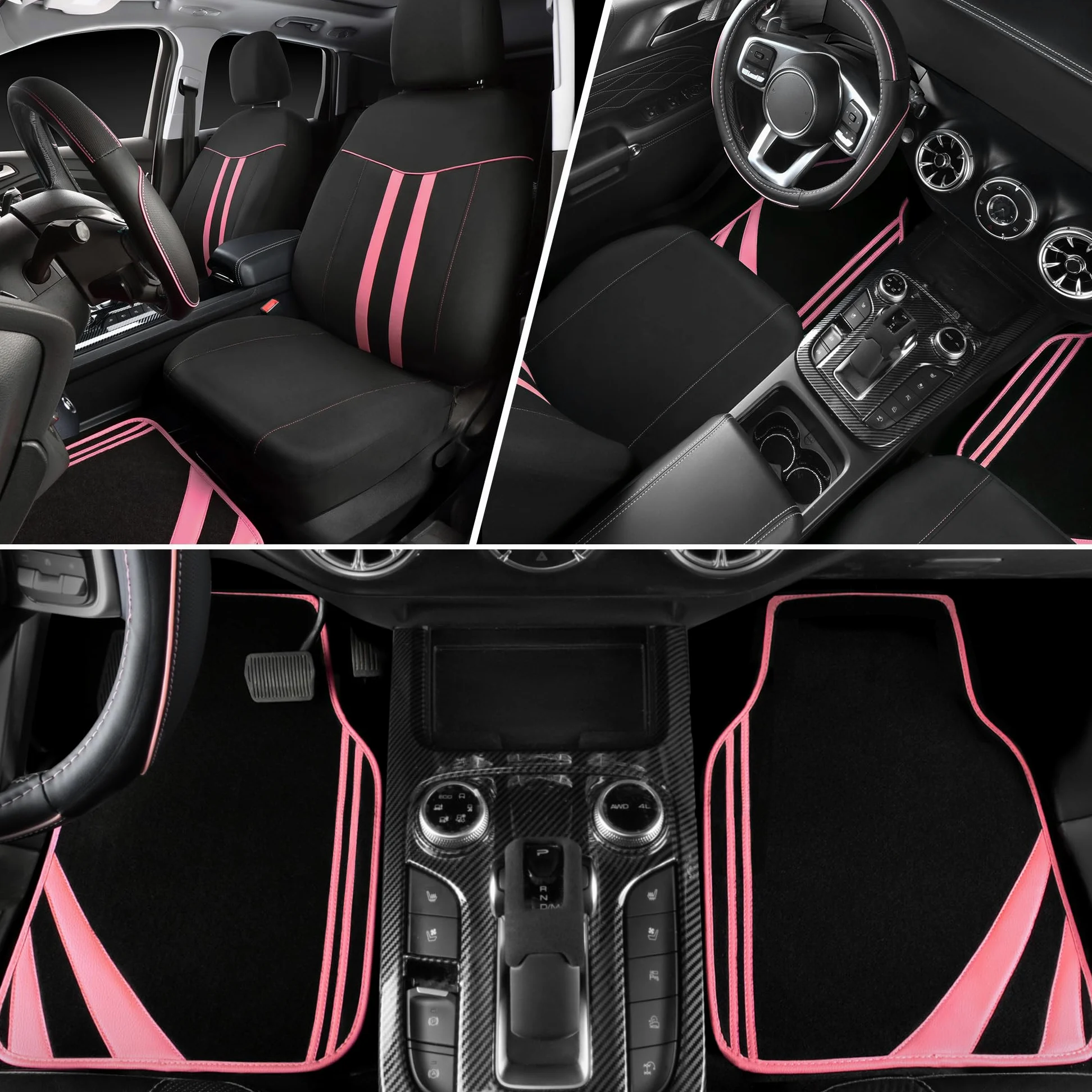 CAR PASS Juego completo de fundas de asiento de coche para mujeres y niñas con alfombrillas impermeables para automóvil, funda de volante de cuero antideslizante, ajuste universal para SUV,