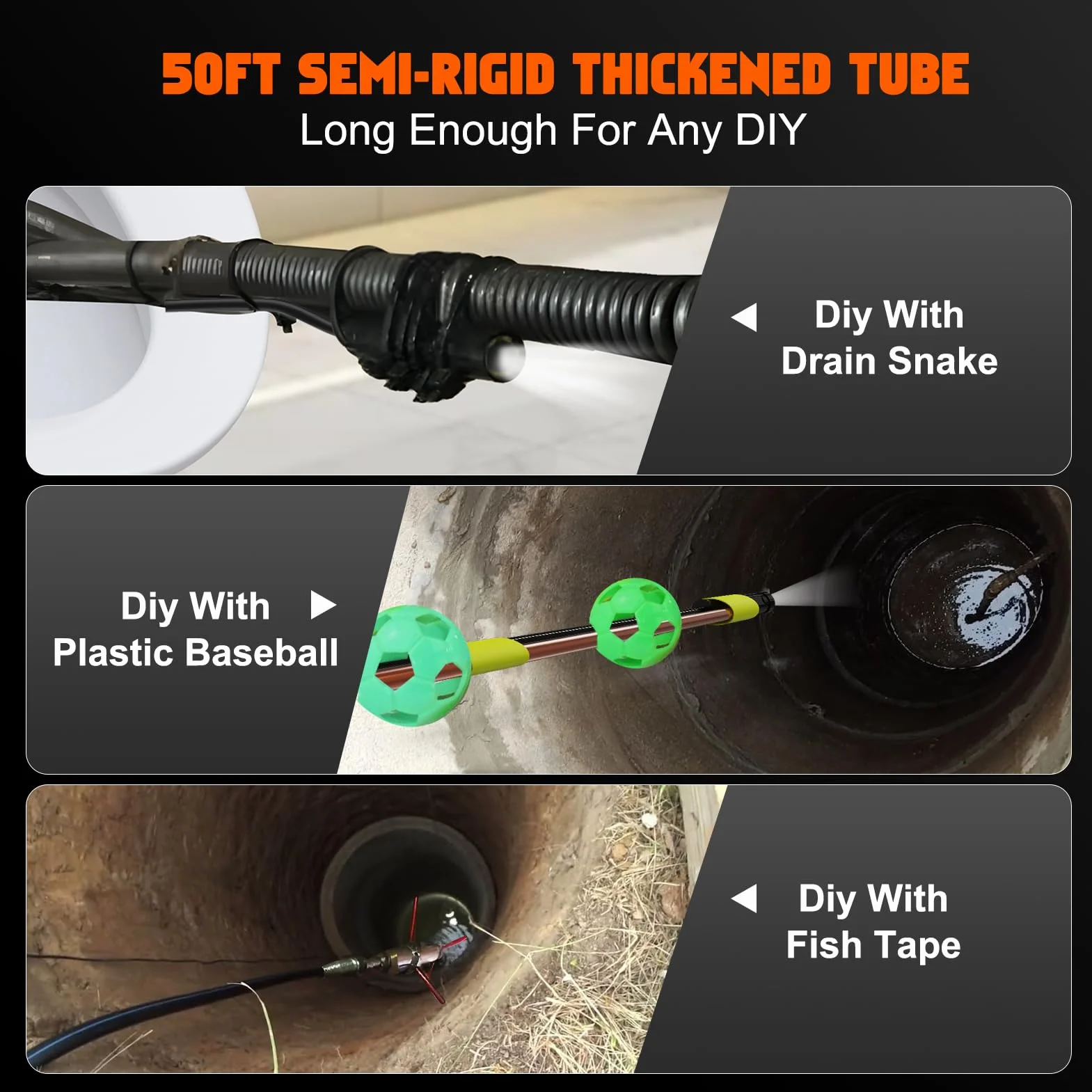 Endoscopio Industrial de Triple Lente, Cable de 15m de Serpiente Flexible con 8 más 2 Luces LED, 5" Pantalla IPS Cámara de Inspección, 1080P Cámara Inspección Tuberias para Auto, Fontanería