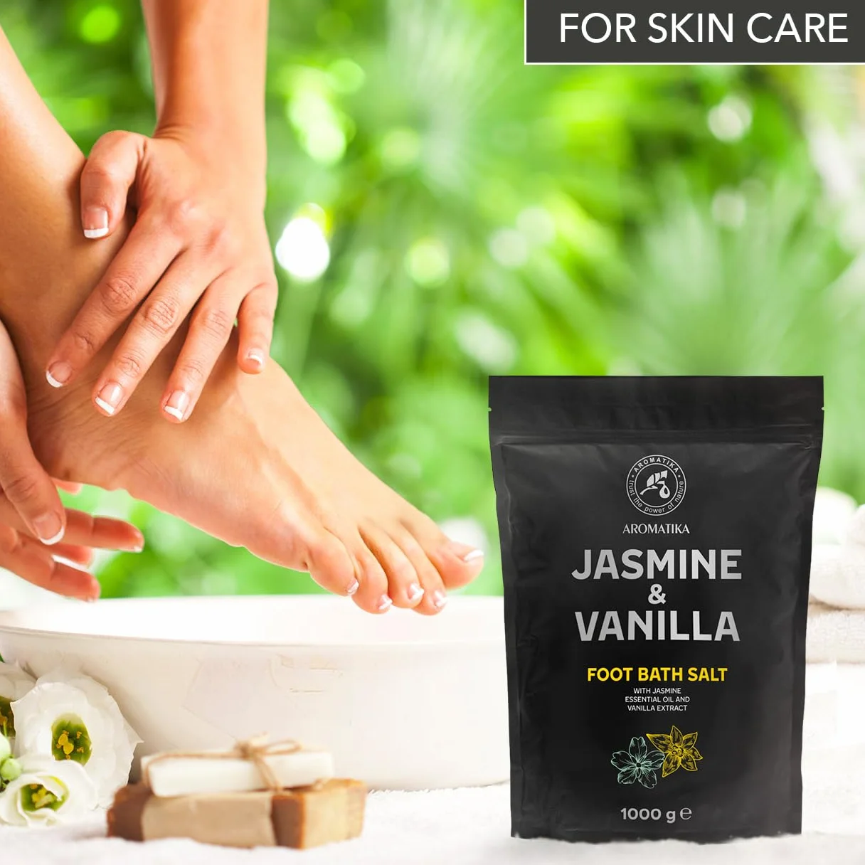 Sal de Baño para Pies Jazmín Vainilla 1000g Sal Marina Natural con Aceite Esencial de Jazmín y Extracto de Vainilla Cuidado de Pies