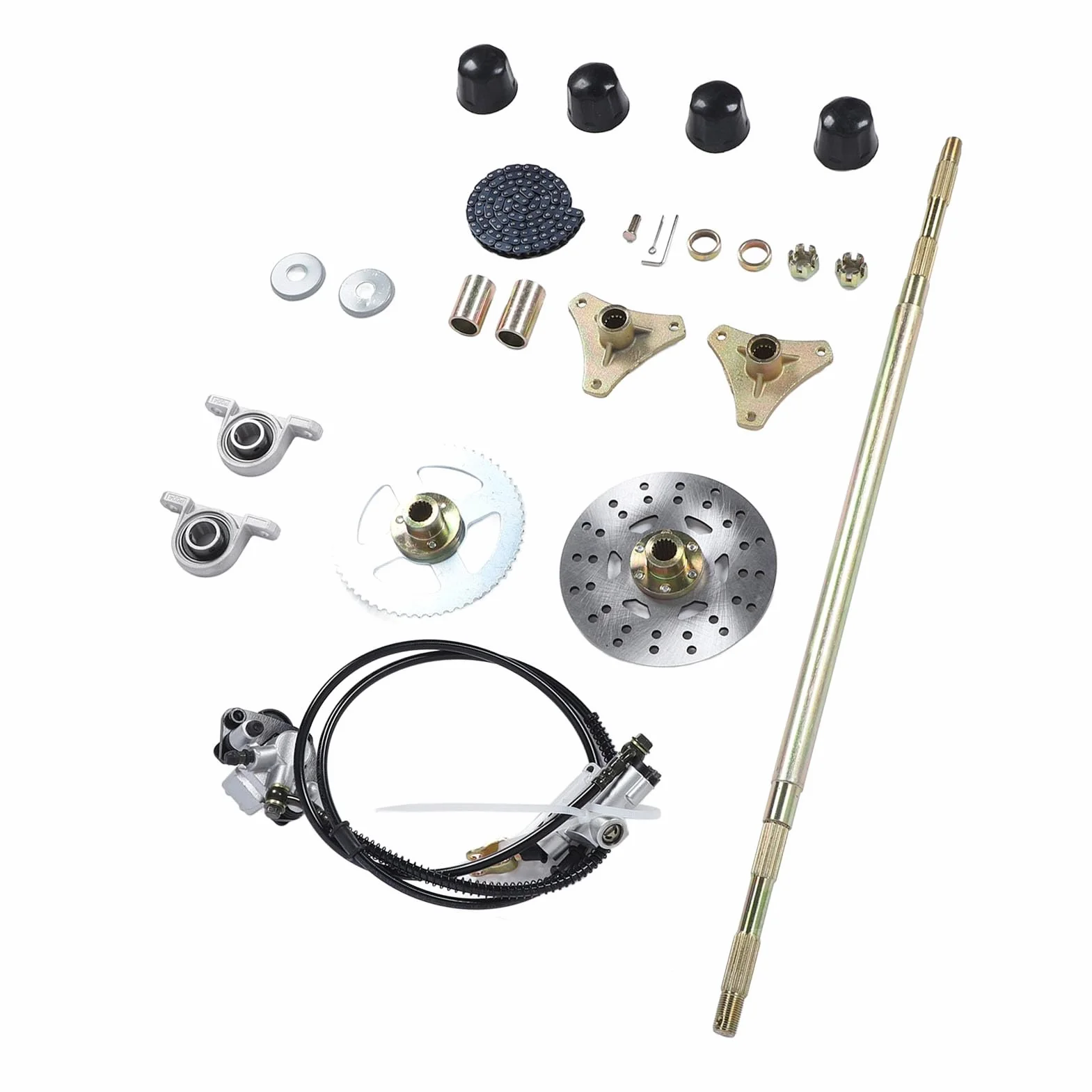 Sxhlseller Kit de Montaje de Eje Trasero Go Kart de 74 CM, Kit de Eje Vivo de Metal con Componentes de Freno y Cadena para Quads ATV de 50, 70 y 90