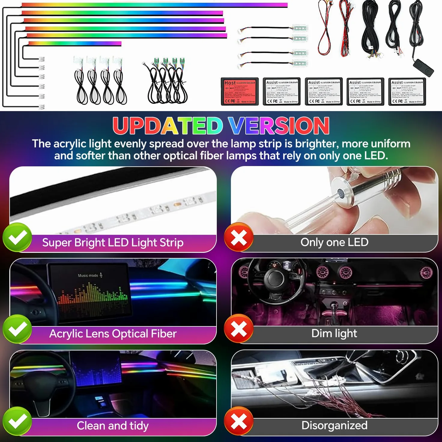 Juego de iluminación interior de acrílico para coche, Bphuny 18 en 1 593 LED, fibra de vidrio, varios modos, luces decorativas con música, ritmo dinámico arcoíris, luces de neón RGB para todos los