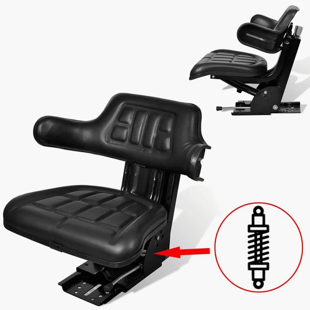 Asiento de Tractor con Suspensión Negro | Universal 50-130 kg | Acolchado Poliuretano | Deslizante 150 mm | Respaldo Alto | Impermeable | Jardín Cortacésped
