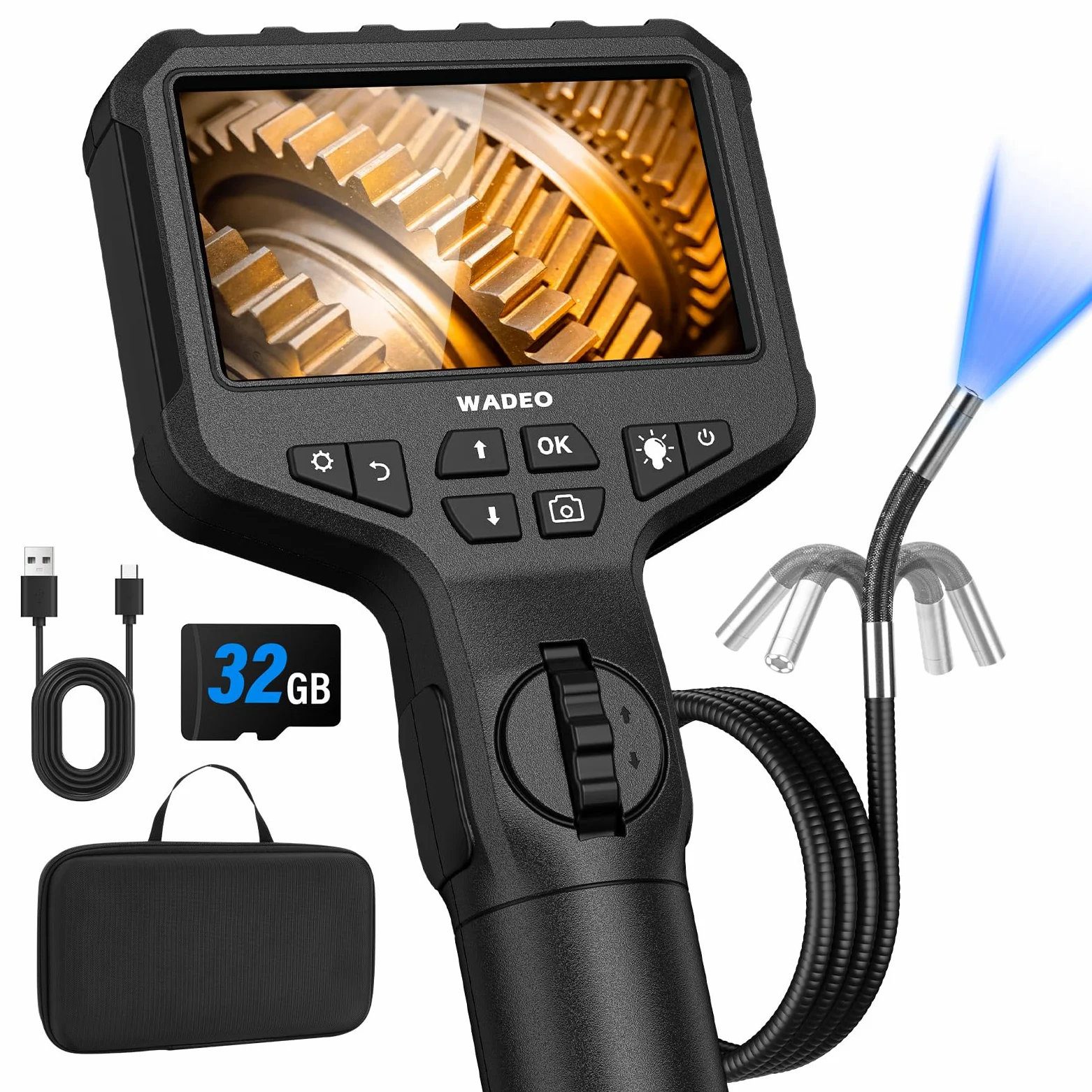 WADEO Cámara endoscópica giratoria con luz, cámara de inspección IPS de 4,3'' y 1920P, cámara Flexible Impermeable de 6,5 mm, cámara Tubular, cámara de inspección Digital HD