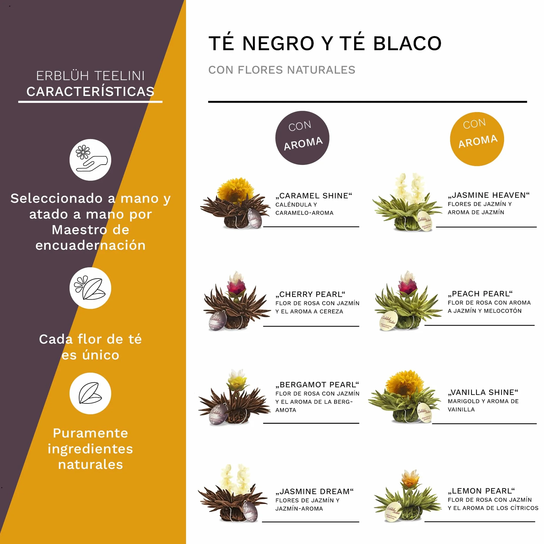 Creano Teelini Flores de Té Blanco y Negro 12 uds Cofre de Madera Sostenible 8 Variedades Regalo Premium Mujer