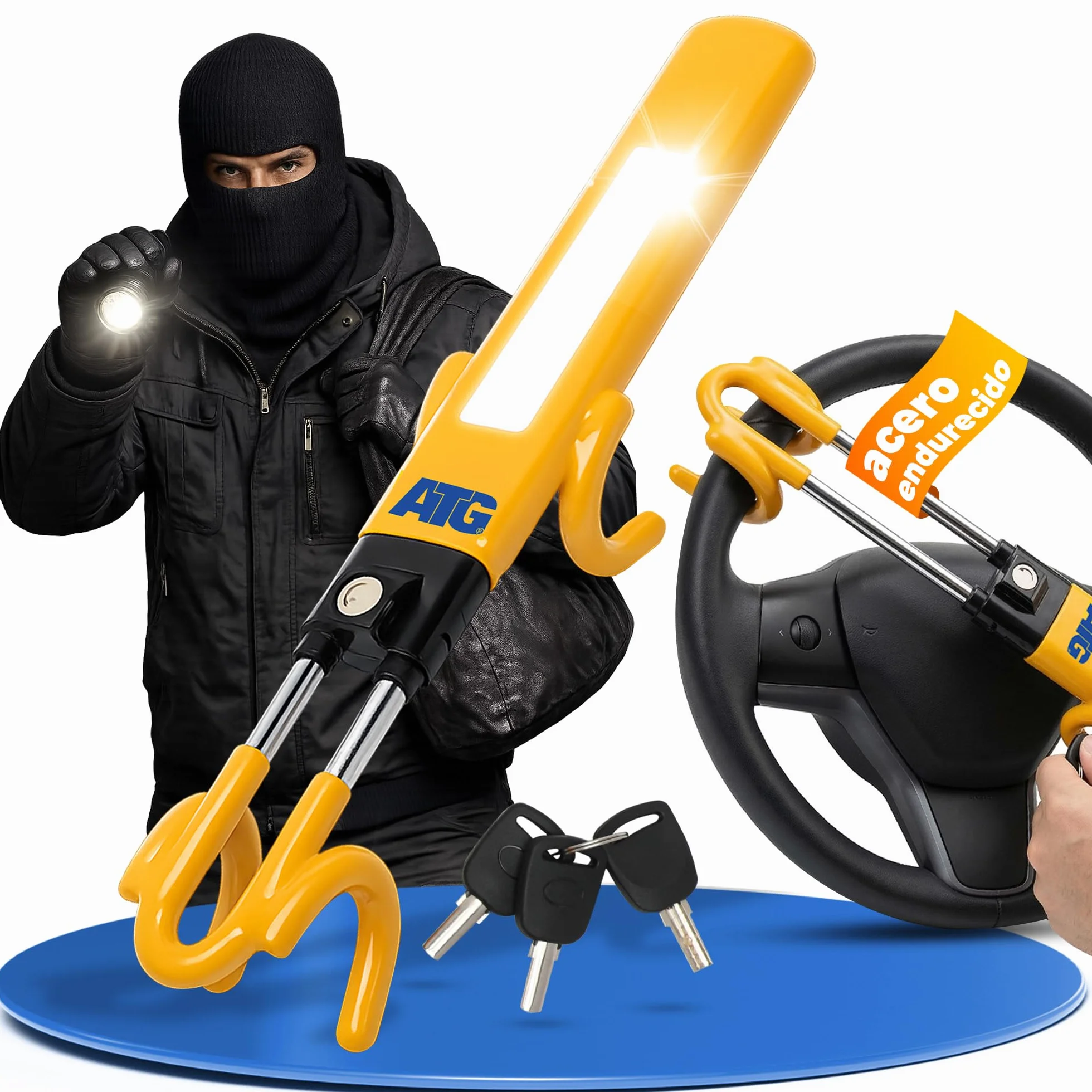 ATG Bloqueo Volante Coche – Antirrobo Coche, Antirrobo Volante & Barra Antirrobo para Auto, SUV, Van, Furgoneta y Autocaravana – Acero Endurecido, Protección Antitaladro