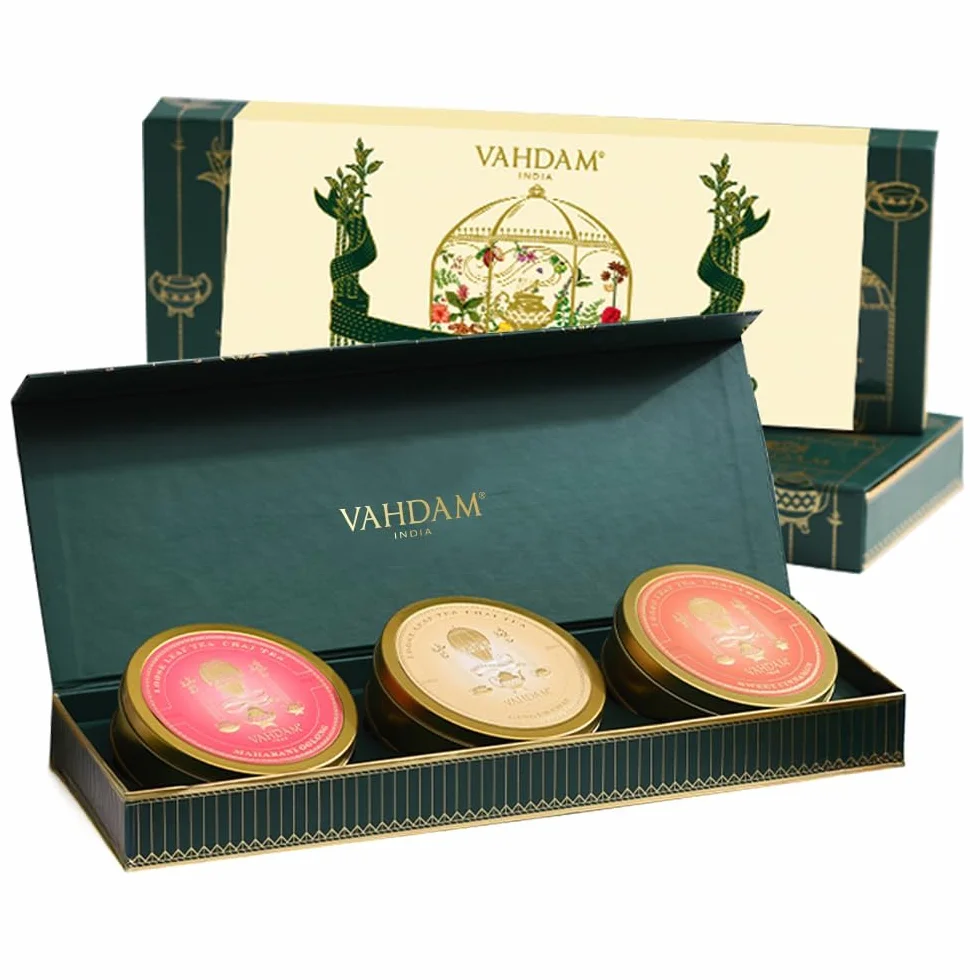 VAHDAM Juego De Regalo De Té Chai 3 Variedades Surtido De Té Suelto 100% Puro Sin Gluten Sin OGM Caja De Regalo