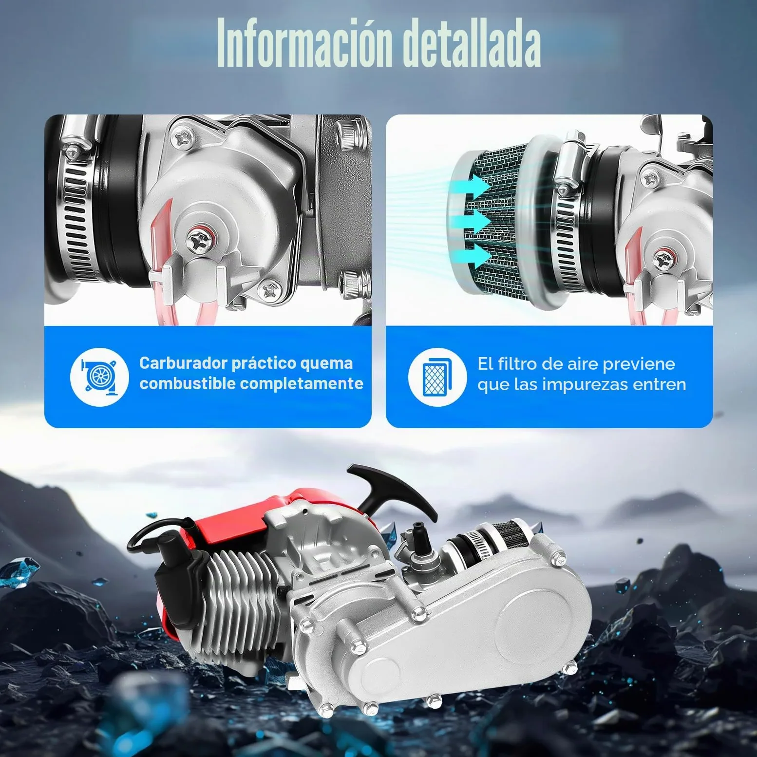 Pocket Bike Motor 49 ccm Motor de 2 tiempos 44 mm de orificio, Pocket Quad Motor L7TC bujías tamaño mini motor de gasolina motor de gasolina con asas y cable de acelerador, motores de pocketbike