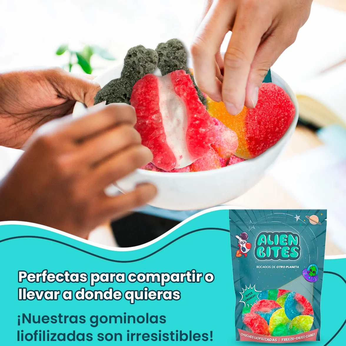 Alien Bites Pack de 4 Bolsas de 50g Chuches Liofilizadas Gominolas Freeze Dried Sin gluten