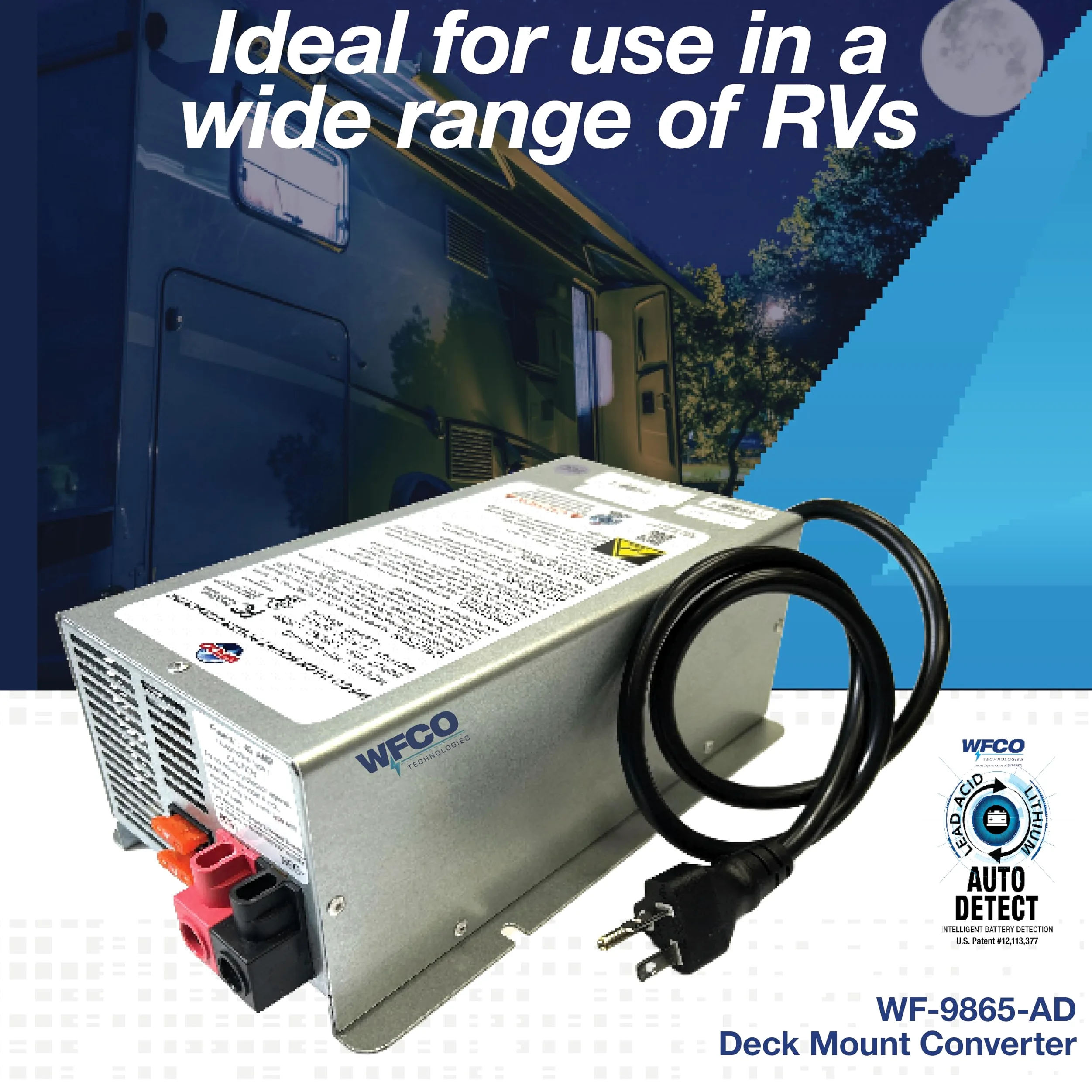 WFCO Arterra WF-9865-AD-CB Convertidor/Cargador - Montaje en Cubierta - Salida CC de 65 amperios (Cable de alimentación de CA de 20 amperios), Gris