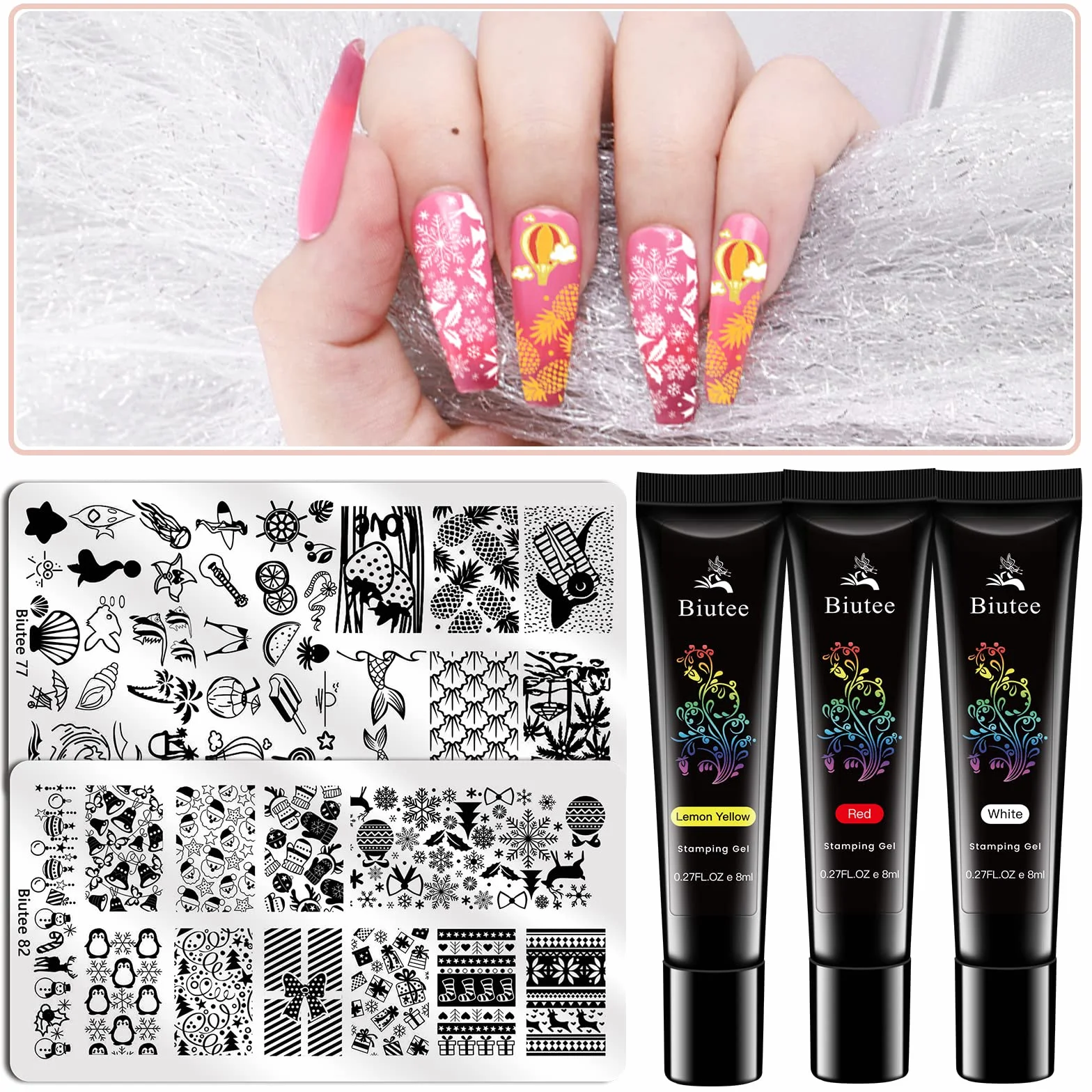 Biutee Nail Stamping Set 12pcs Plantillas Estampacion Uñas 8 Colores 8ml Gel Polish con Tampón Rascador