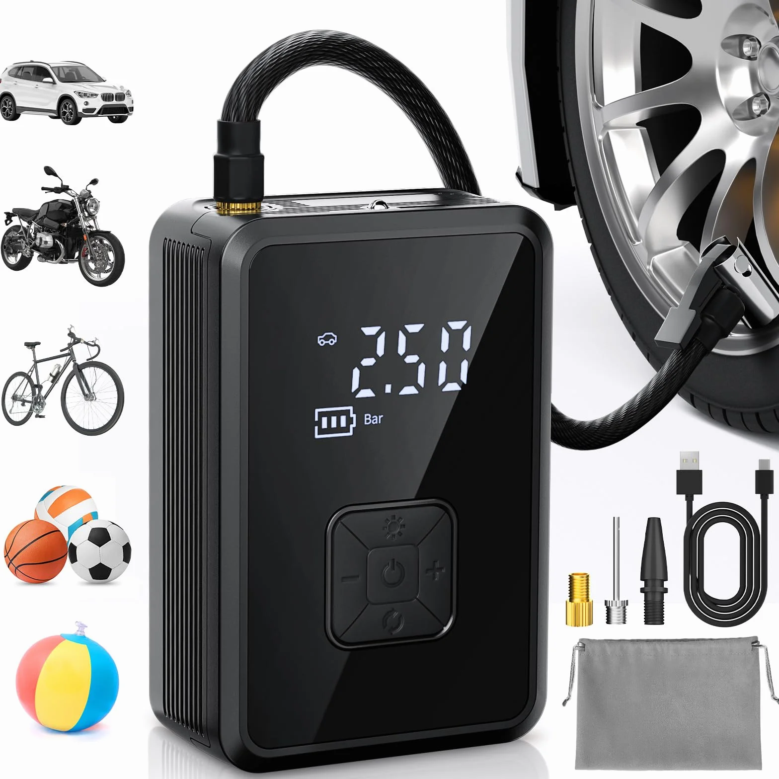 Oasser Compresor Aire Portatil 150PSI Inflador Ruedas Coche Recargable Compresor de Aire Pequeño Luz LED para Coche Moto Bicicleta Pelota