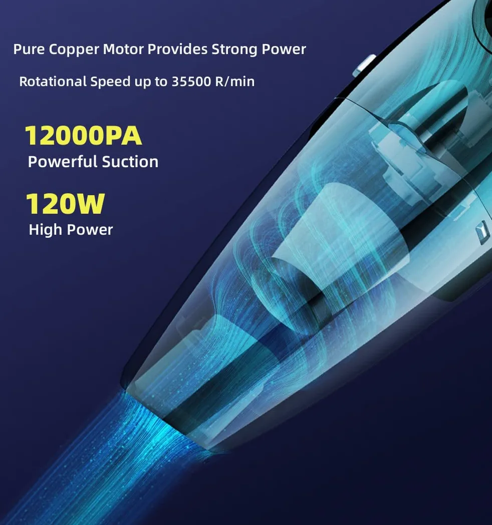 Aspirador de coche con cable con bomba de aire, aspiradoras de mano de alta succión 12000pa, inflador neumáticos de coche digital con manómetro, apagado automático y luz LED, aspiradora de mano 12 V