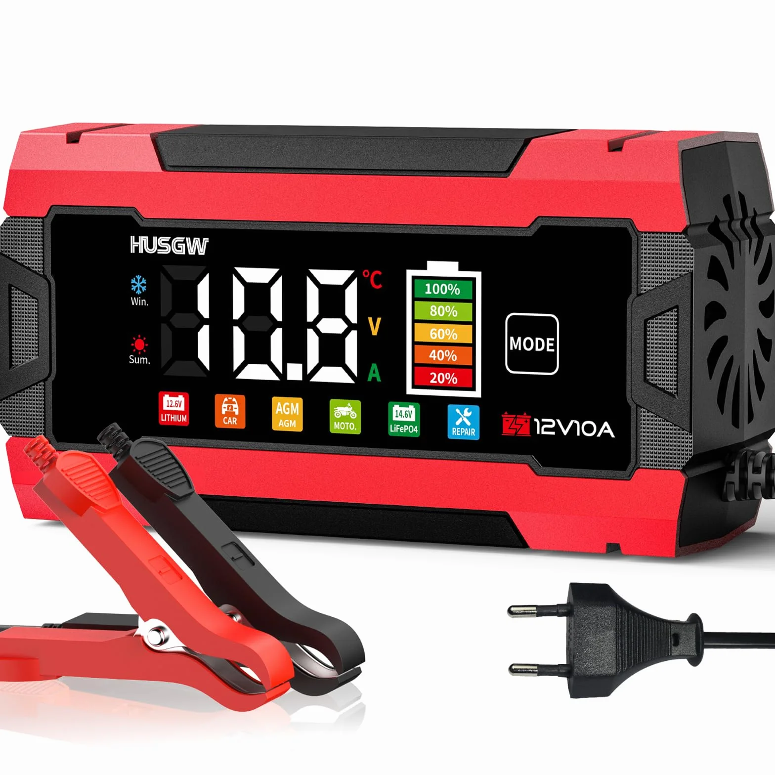 12V 10A Cargador de Batería de Coche, LiFePO4 Cargador de Batería de Moto, Proceso de Carga de Tres Etapas, Protección de Seguridad Múltiple, para Auto, Moto, AGM, Gel, Wet, SLA, LiFePO4 (10 Rojo)
