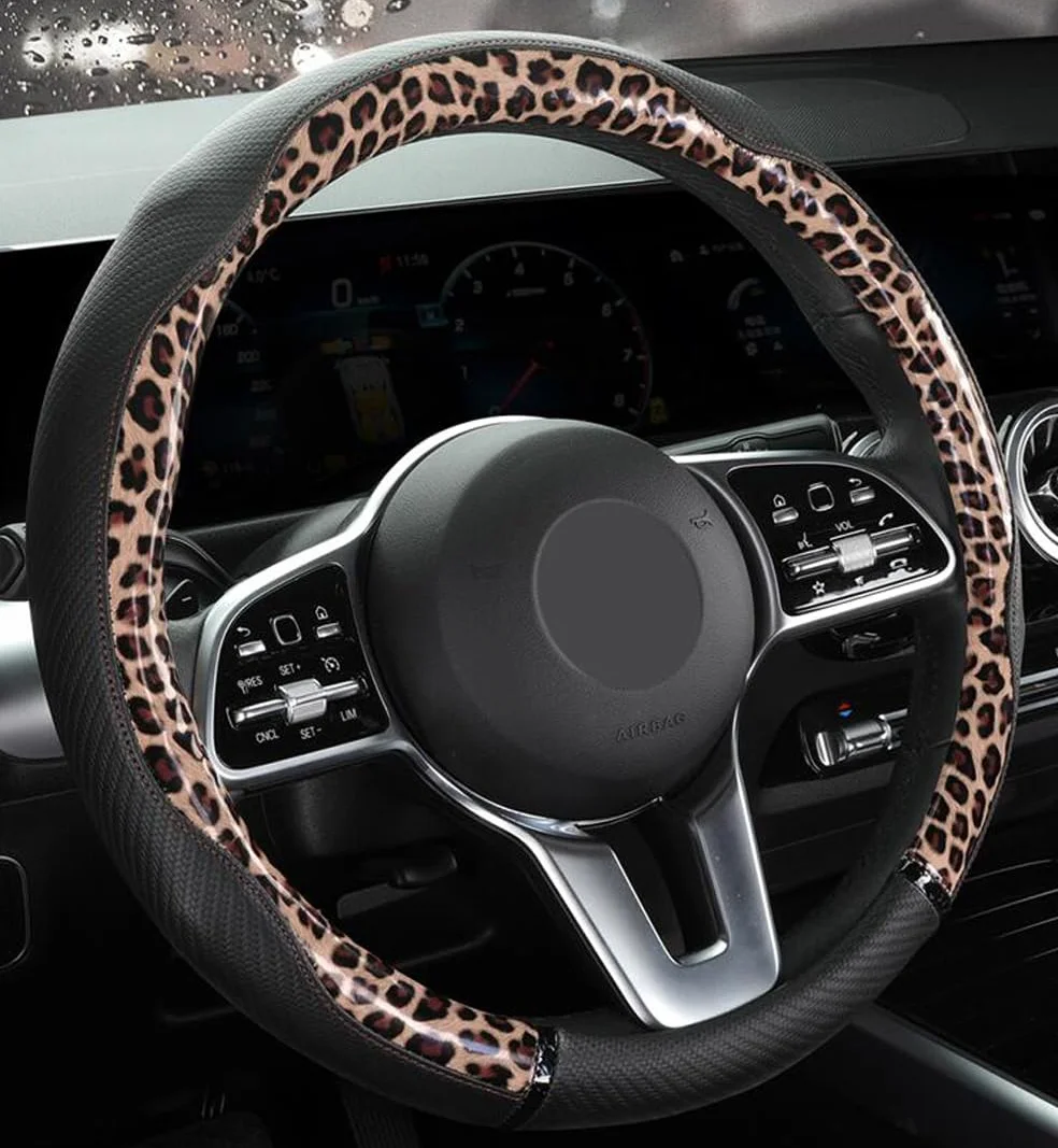 Funda para Volante de Cuero Duradero Antideslizante Transpirable para Las Cuatro Estaciones Universal de 15 Pulgadas (Leopardo-café)