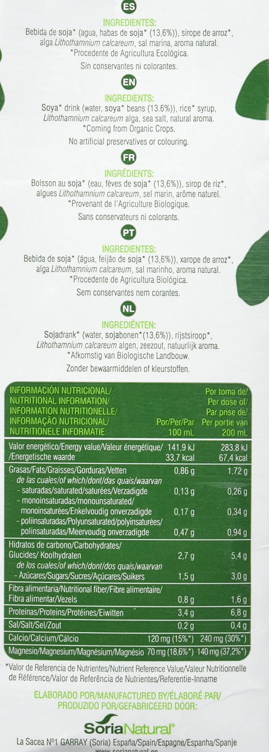 Soria Natural Bebida de Soja Ecológica 3 x 1 Litro