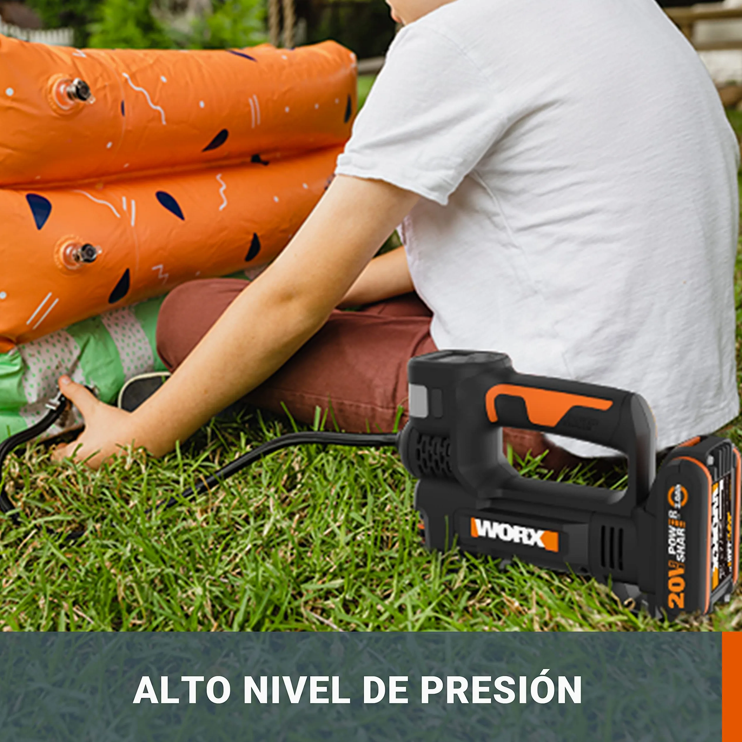 WORX 18V(20V MAX) Inflador sin Cable, Powershare, Potente Luz Led y Luz de Emergencia SOS, Alta Presión Máx. 150 PSI, 1 Batería incluida, WX092