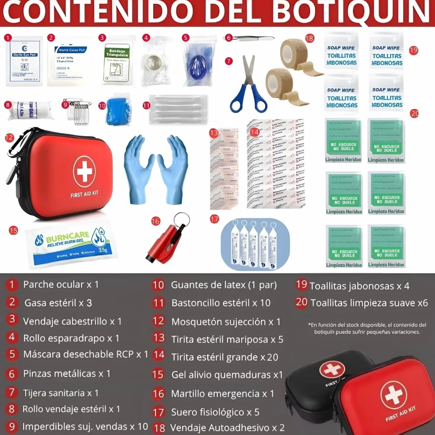 Botiquín de Primeros Auxilios 96 Piezas - Kit de Seguridad para Coche con Martillo Emergencia y Cortador de Cinturón - Estuche Rígido Impermeable
