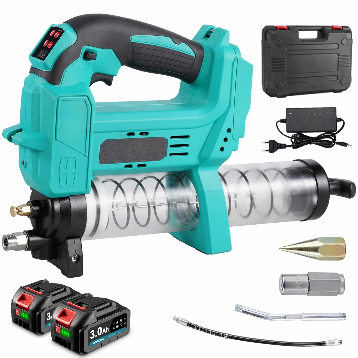 Pistola engrasadora eléctrica con batería, 10000 PSI, con manguera de 40 cm, pistola de engrase 2 en 1 para cartuchos y grasa suelta, luz LED, 2 baterías de 3000 mAh, para agricultura
