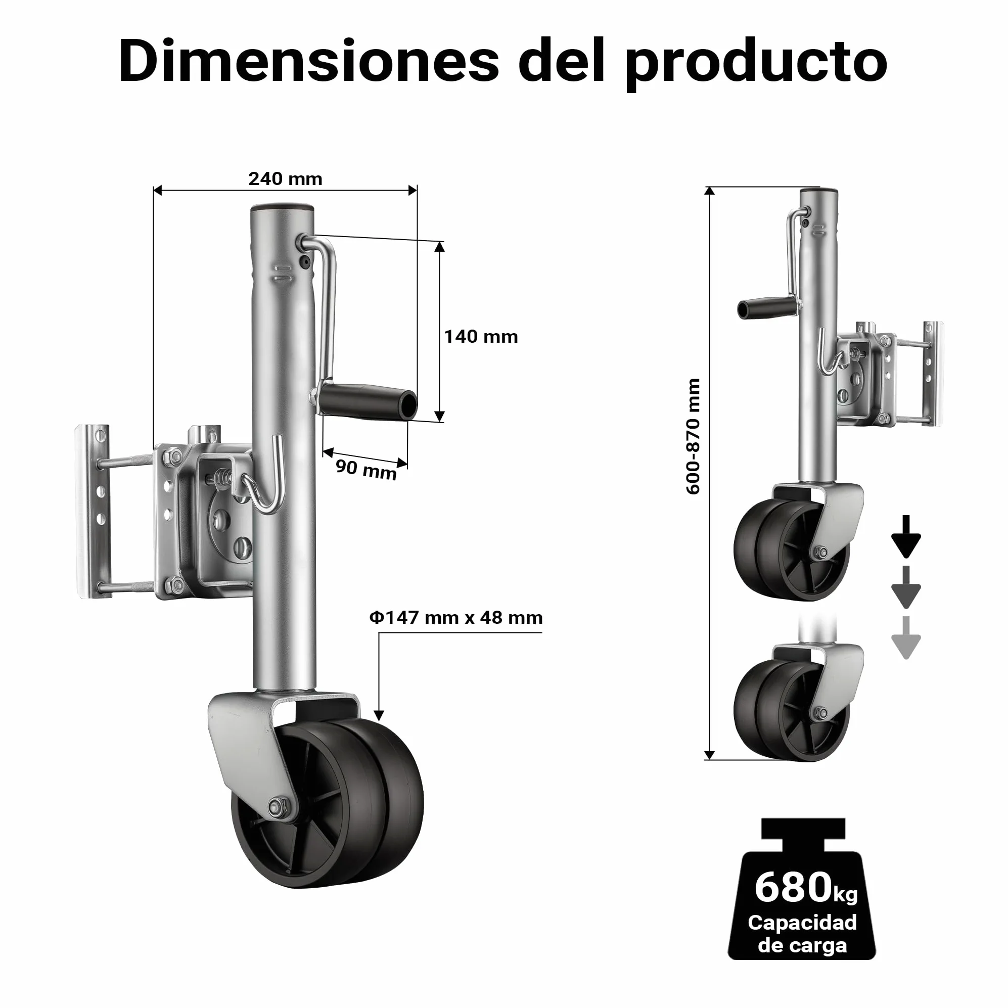 Wiltec Rueda de apoyo con dos neumáticos capacidad máx. 680 kg rueda jockey doble de alta resistencia ruedas de nylon rueda de apoyo para caravanas y remolques