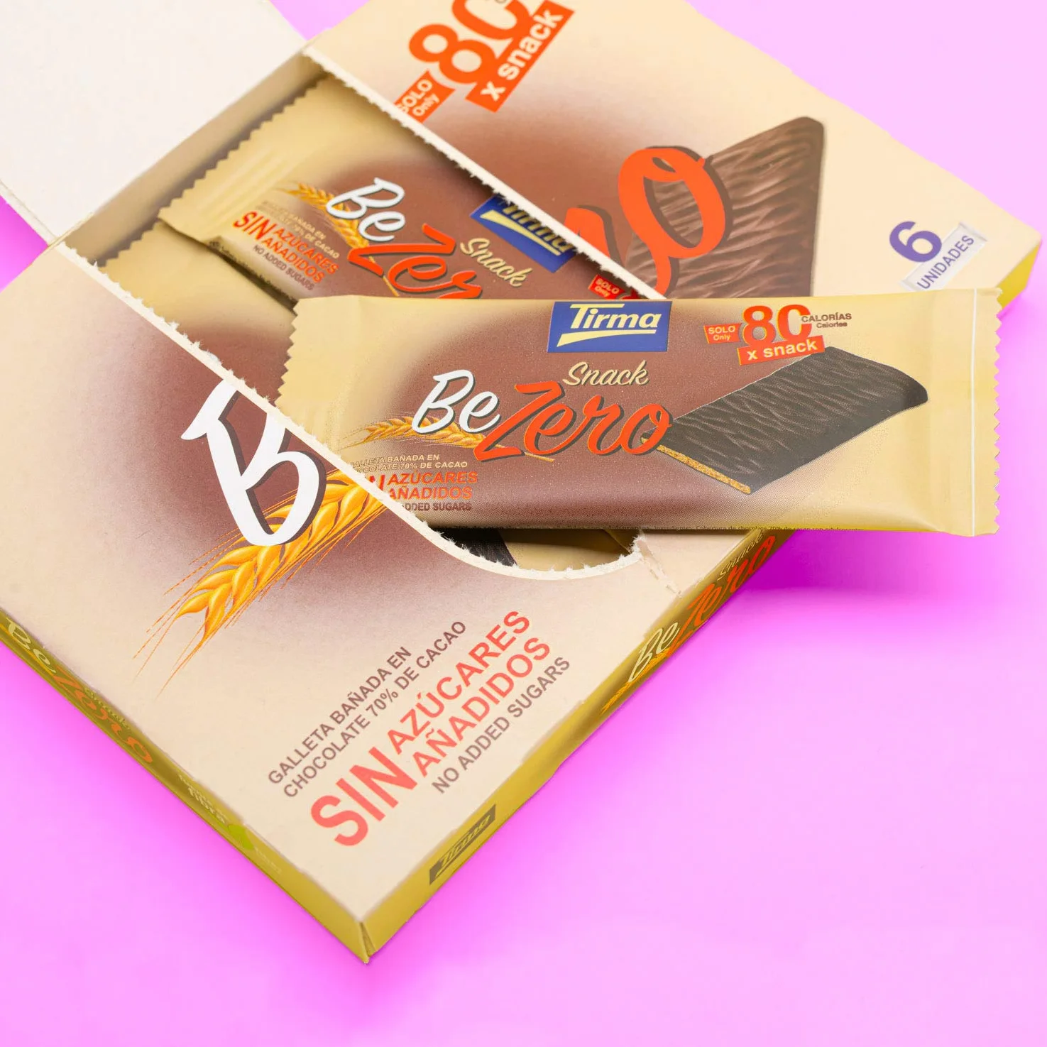 Tirma Snack Be-Zero Galletas Crujientes Cubiertas de Chocolate 70% Cacao Sin Azúcares Añadidos 80 kcal Pack 6 Unidades