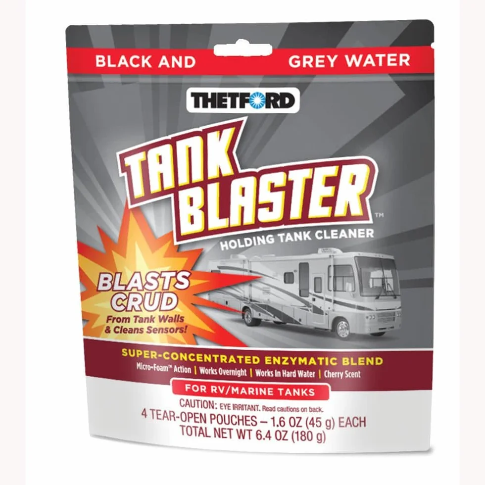 Thetford Tank Blaster - Limpiador de sensor de nivel - Tanques de retención de agua residual negra y gris y limpiador de tanques portátil - 4 paquetes de 1.6 onzas Thetford - 96527, blanco