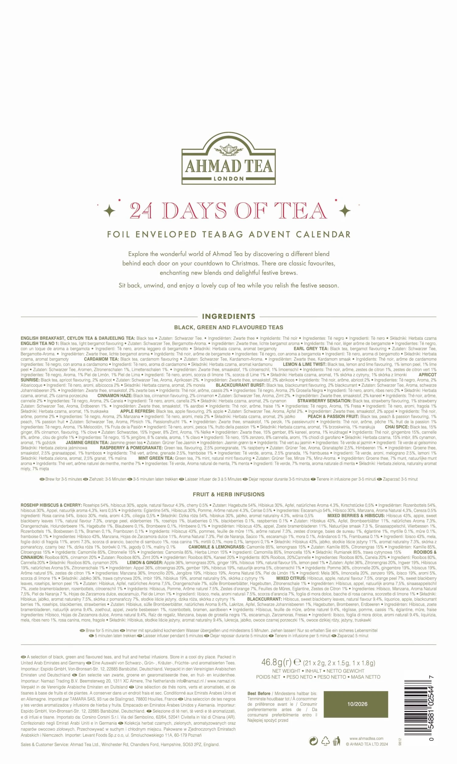Ahmad Tea Té Calendario de Adviento 2025 - Calendario de Escritorio Plegable - 24 Bolsitas de Té Diferentes - 46,8g