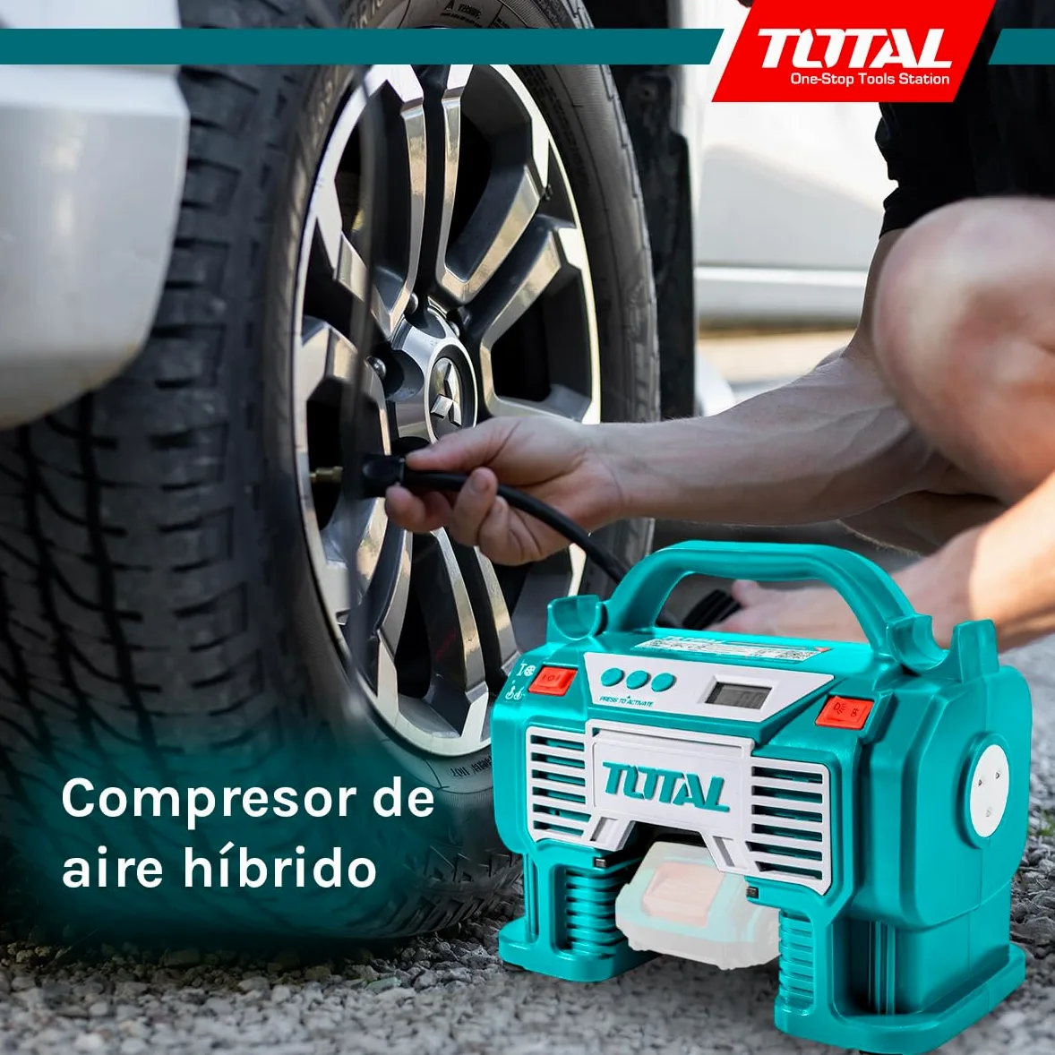 TOTAL - Compresor Híbrido a Batería P20S de 20 V - Bomba de Aire Eléctrica para Inflar Balones, Colchones y Neumáticos - Cargador de 12 V para Coche - Incluye Adaptadores