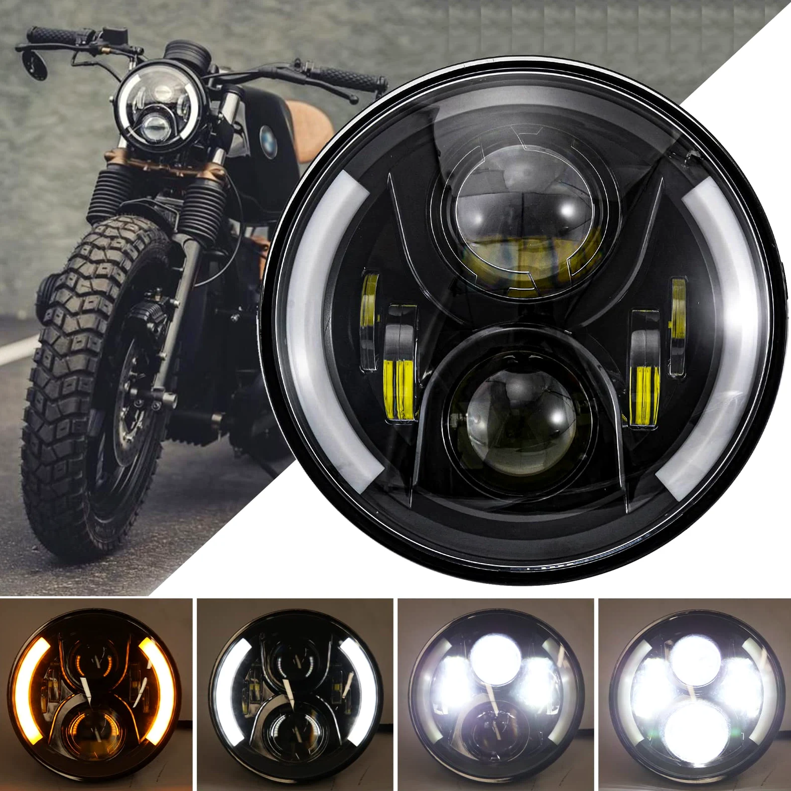 JMTBNO 7 Pulgadas Faro LED Moto Ronda Halo DRL Blanco Intermitente Ámbar Integración Faro Compatible con Harley Touring Road King Ultra Classic Electra Street Glide Tri Cvo Heritage Softail