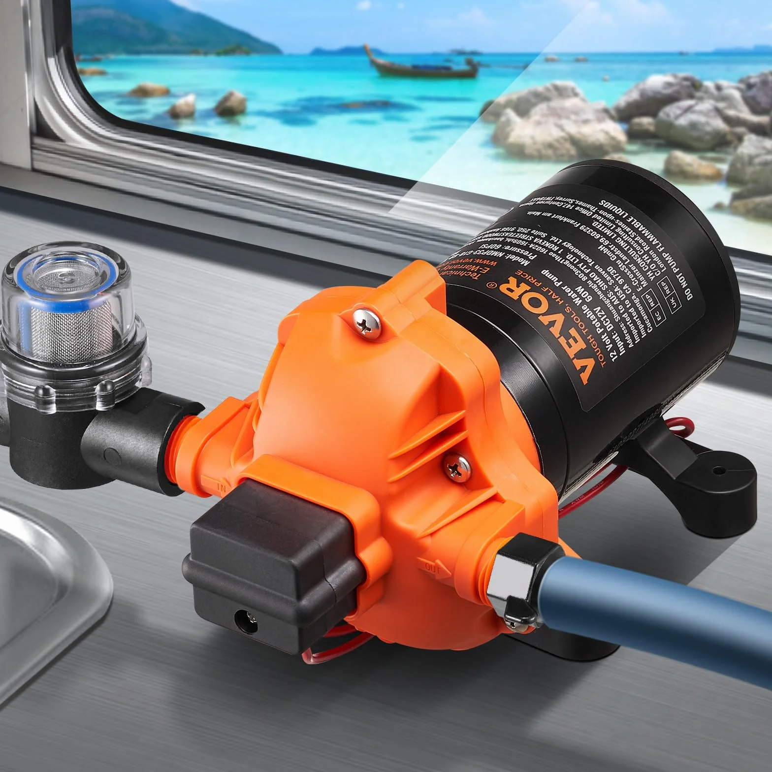 VEVOR Bomba de Diafragma 12 V 6,81 L/min Bomba de Agua de 3 Cámaras con Interruptor de Presión Automático Ajustable de 40 a 100 PSI, 60 PSI, Puerto MNPT de 12,7 mm para Camión de Comida, Autocaravana