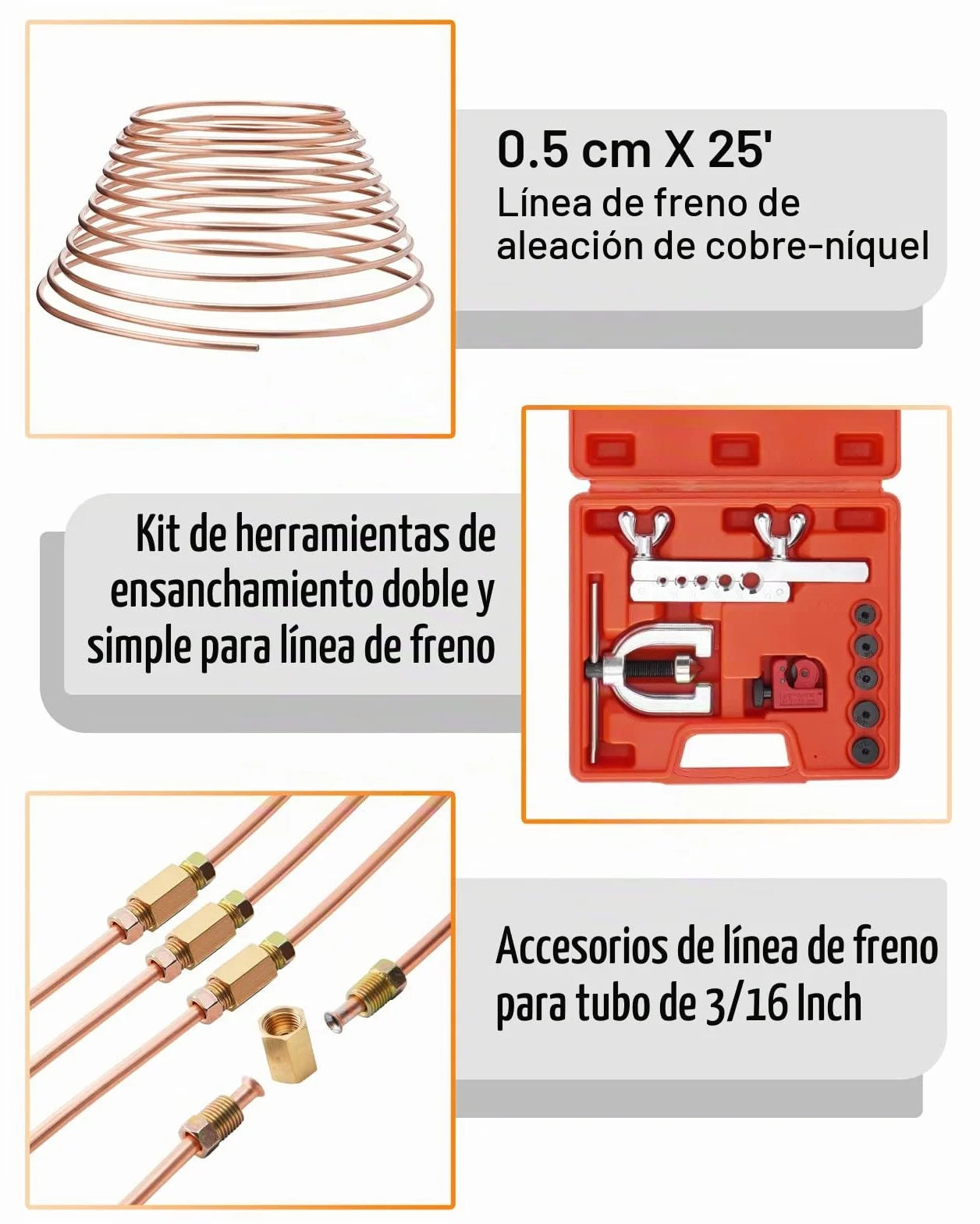 Herramienta Abocardar Tubos Freno, 7m Ø 4,75mm Tubo de Freno Cobre-Níquel Kit (16 Conexiones de Tornillo + 4 Conectores)