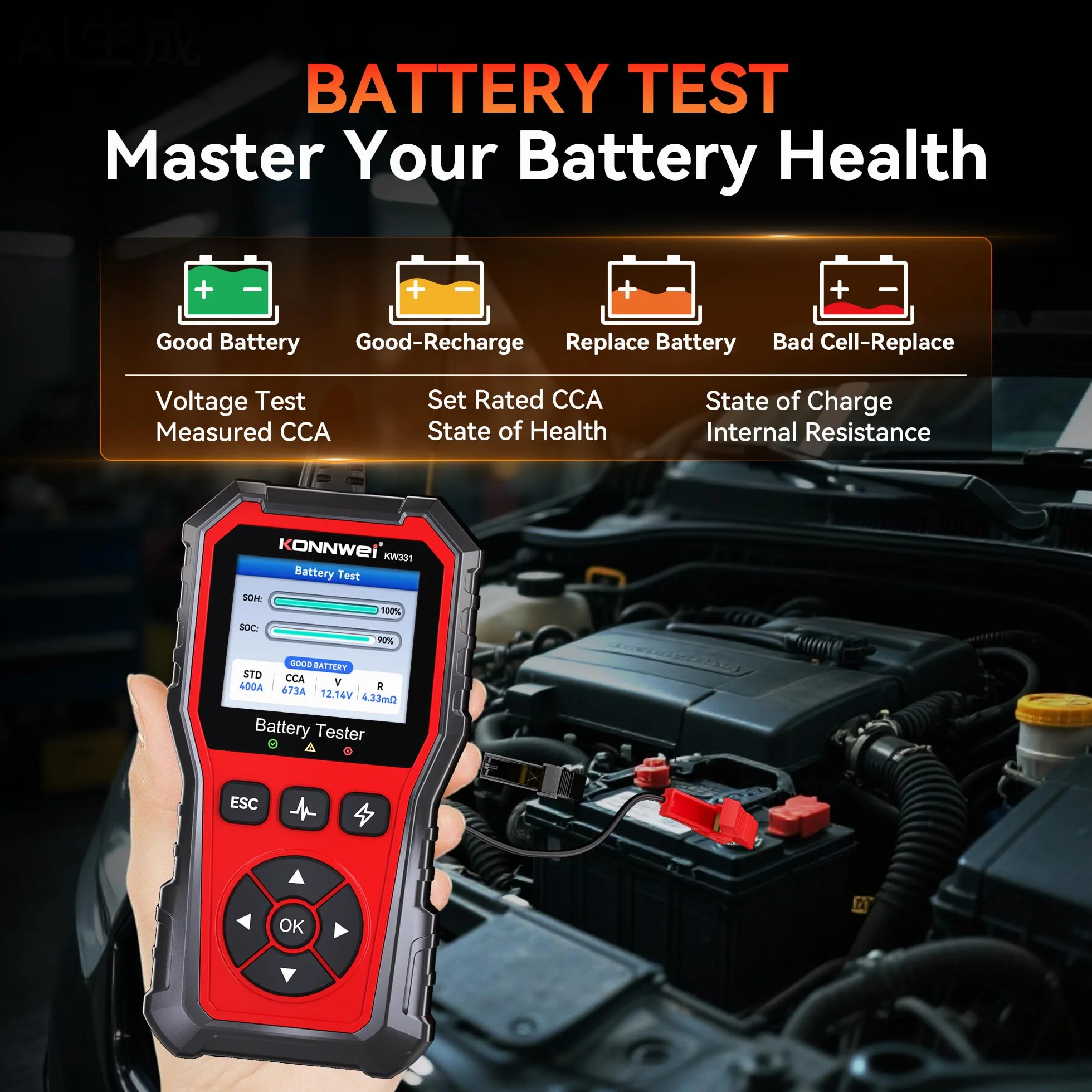 KONNWEI KW331 Comprobador de Baterías 6V 12V 24V 10-2000 CCA AGM Litio Gel Analizador Digital
