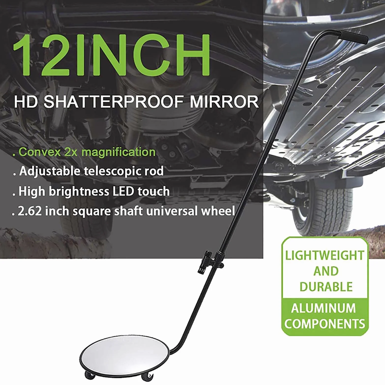 Espejo De Inspección para Bajos De Vehículos De 12 Pulgadas, Espejo De Búsqueda Portátil para Bajos De Vehículos, Varilla Retráctil De 90-140 Cm con Ruedas Y Luz Led