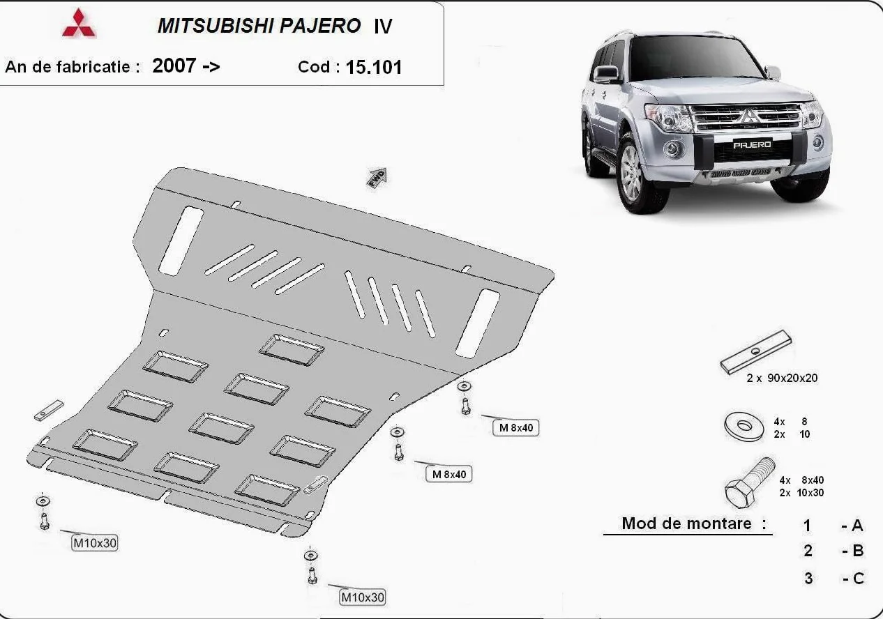 Protección metálica bajo motor compatible con Mitsubishi Pajero 4 (V80, V90) - (2007-2021)