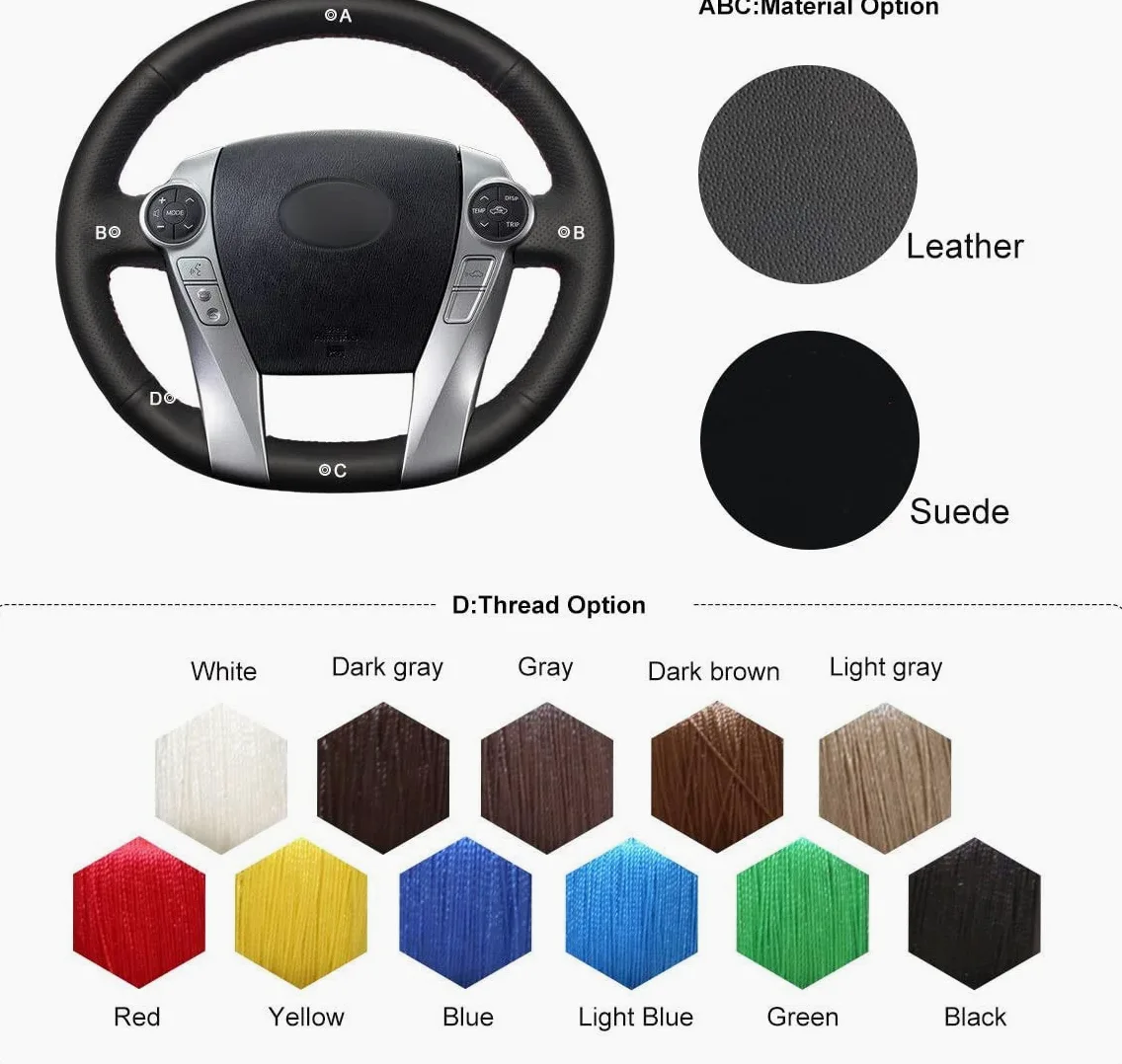 Fundas para Volante de Coche de Cuero Genuino Negro Cosidas a Mano para Prius 30 (XW30), Prius+, Prius C y Prius Aqua (Cuero Genuino/Hilo Negro).