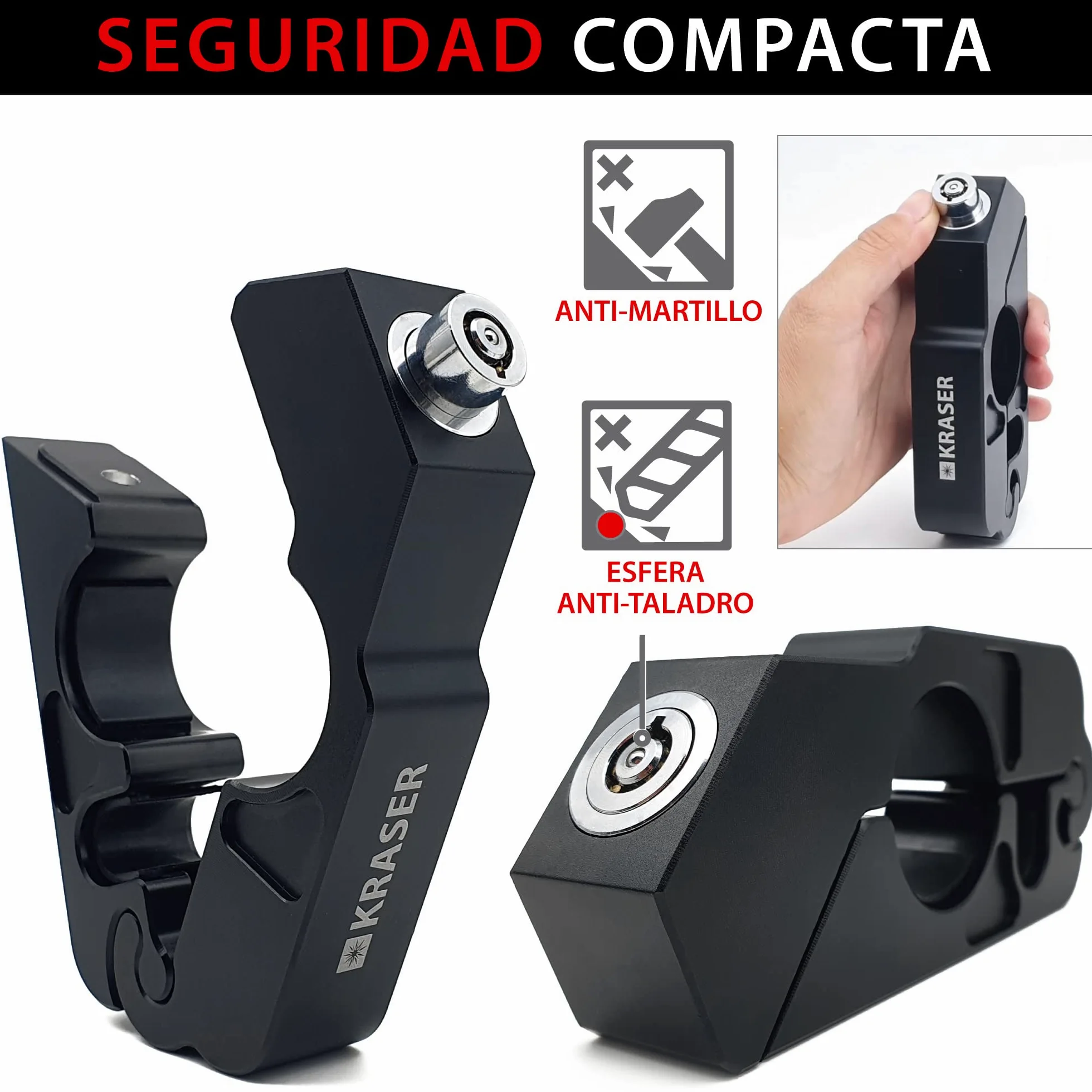 KRASER KR720B Candado Moto Freno Manillar, Rápido Bloqueo Click, Cerradura Seguridad Anti-Taladro, Bloqueo Antirrobo Bloqueo Maneta Acelerador Freno Embrague Universal Scooter Quad, Grip Lock