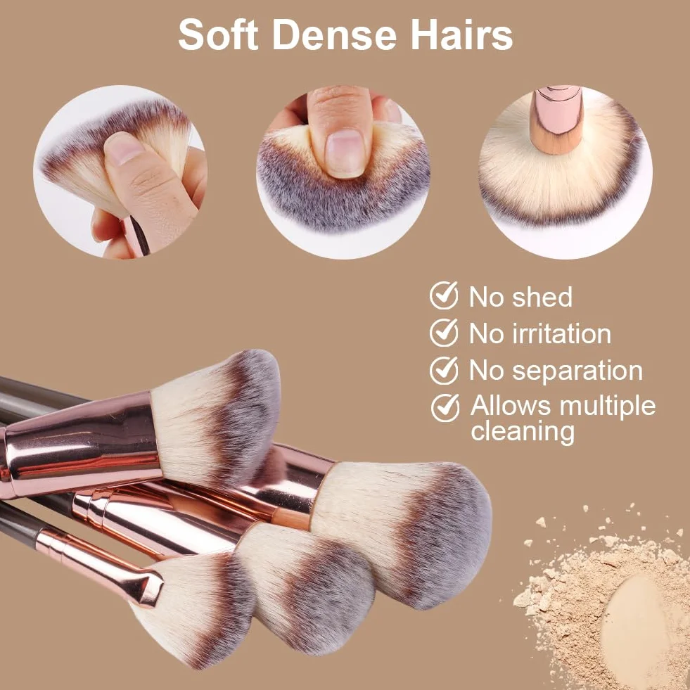 Vicloon Set de Brochas de Maquillaje 15 Piezas Profesional con Soplos de Polvo Marrón