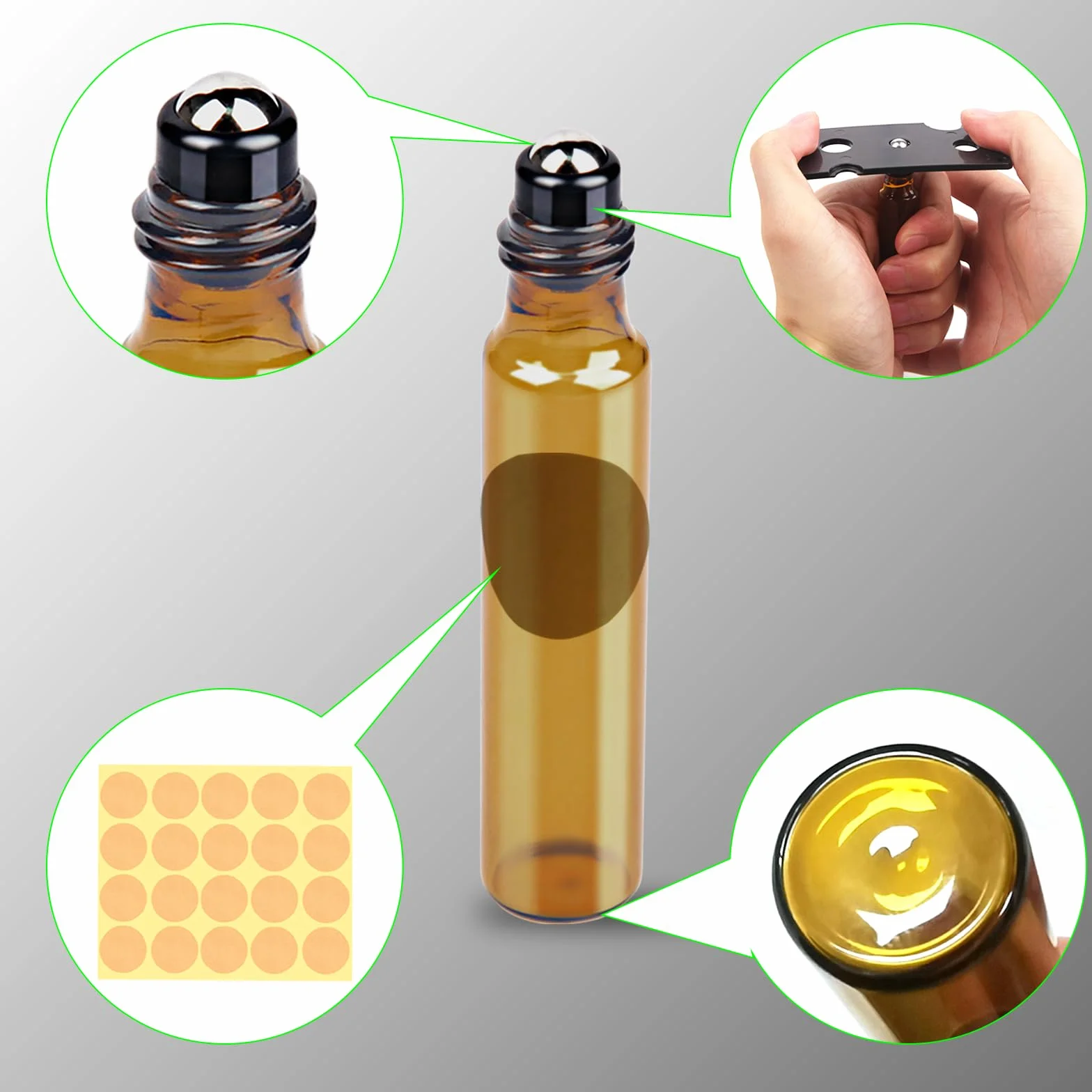 Botellas de Cristal Enrollables 10 ml para Aceite Esencial con Bola de Acero Inoxidable