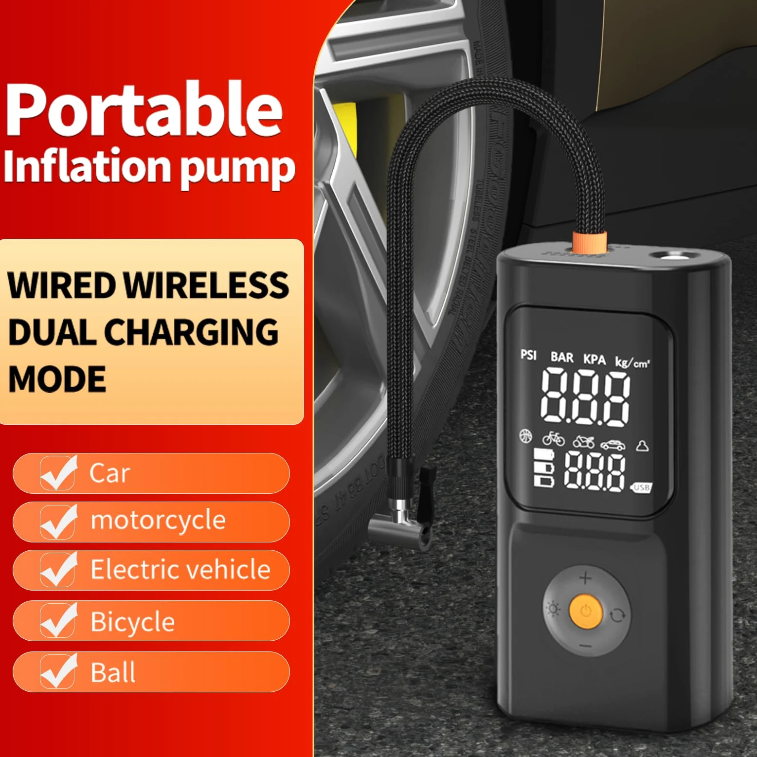 PARDUS Compresor de aire portátil para neumáticos, bomba de aire de 150 PSI para neumáticos de coche con manómetro digital, bomba de neumáticos de bicicleta con luz LED y función de parada