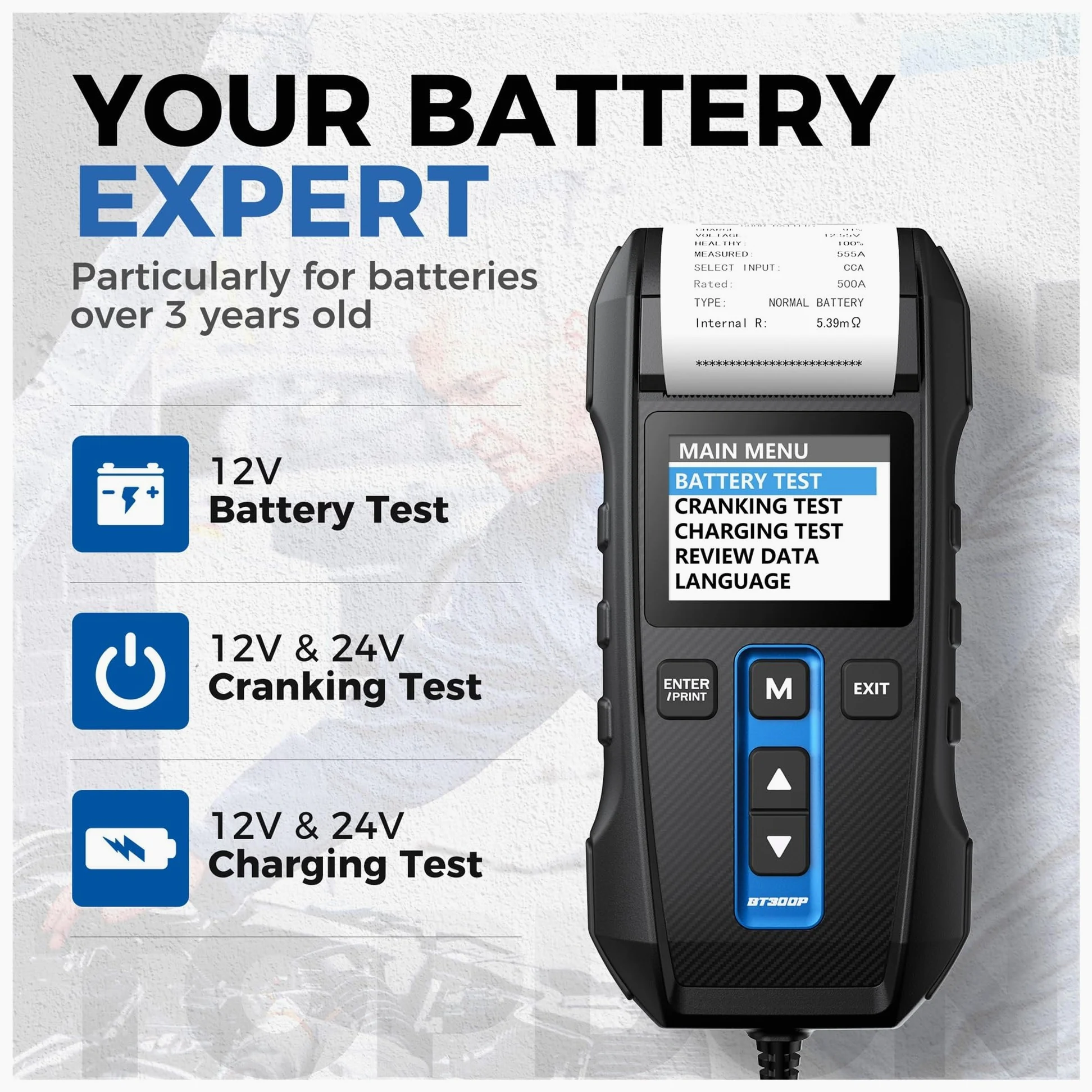 Comprobador de batería BT300P con Impresora, Prueba Carga Coche 12 V for Motocicleta, analizador Arranque y automática