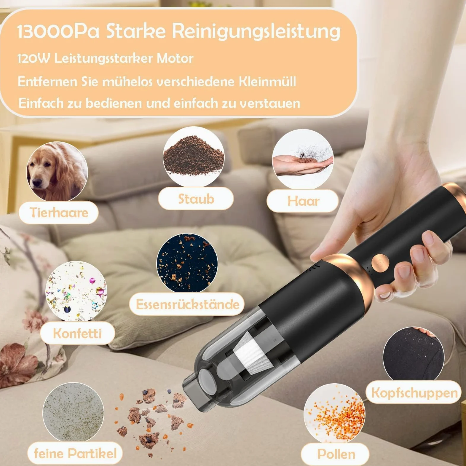Aspirador para Coche Potente - USB Recargable Mini Aspirador de 13.000 Pa con 2 Filtro para Coche - Pelo de Animales, hogar, Oficina
