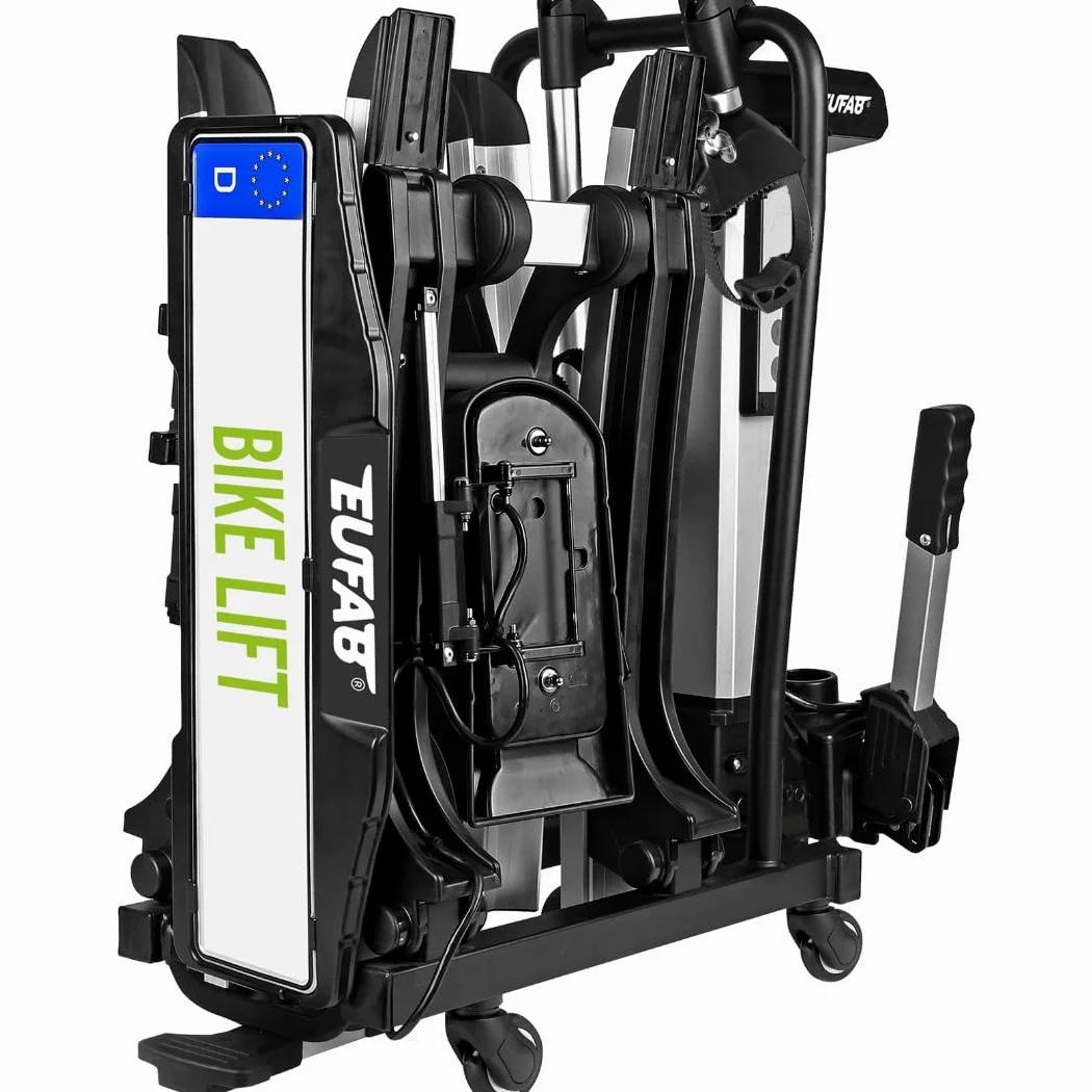 EUFAB Portabicicletas 11554 Bike Lift, Apto para Bicicleta eléctrica, Totalmente premontado, Descenso eléctrico, antirrobo, para 2 Bicicletas, para Enganche de Remolque, 2025 con Soportes de Marco de