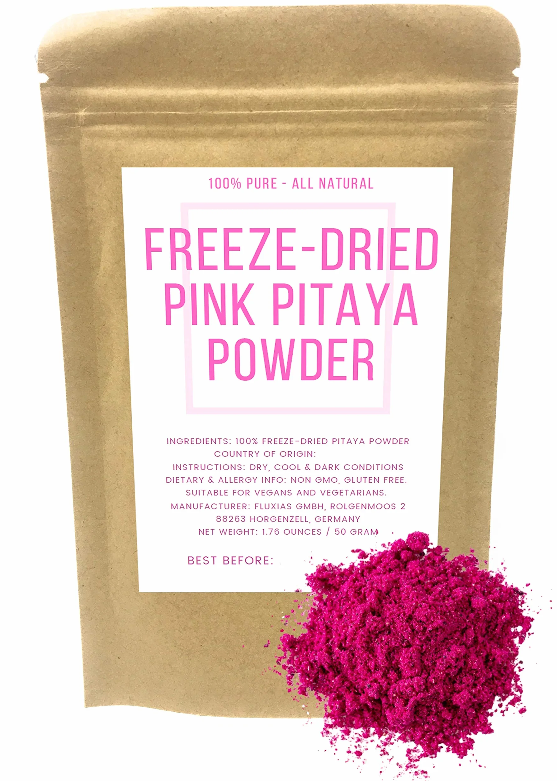 Pink Pitaya Polvo liofilizado de pitahaya roja Vegano Sin gluten Colorante alimentario rosa natural 50g