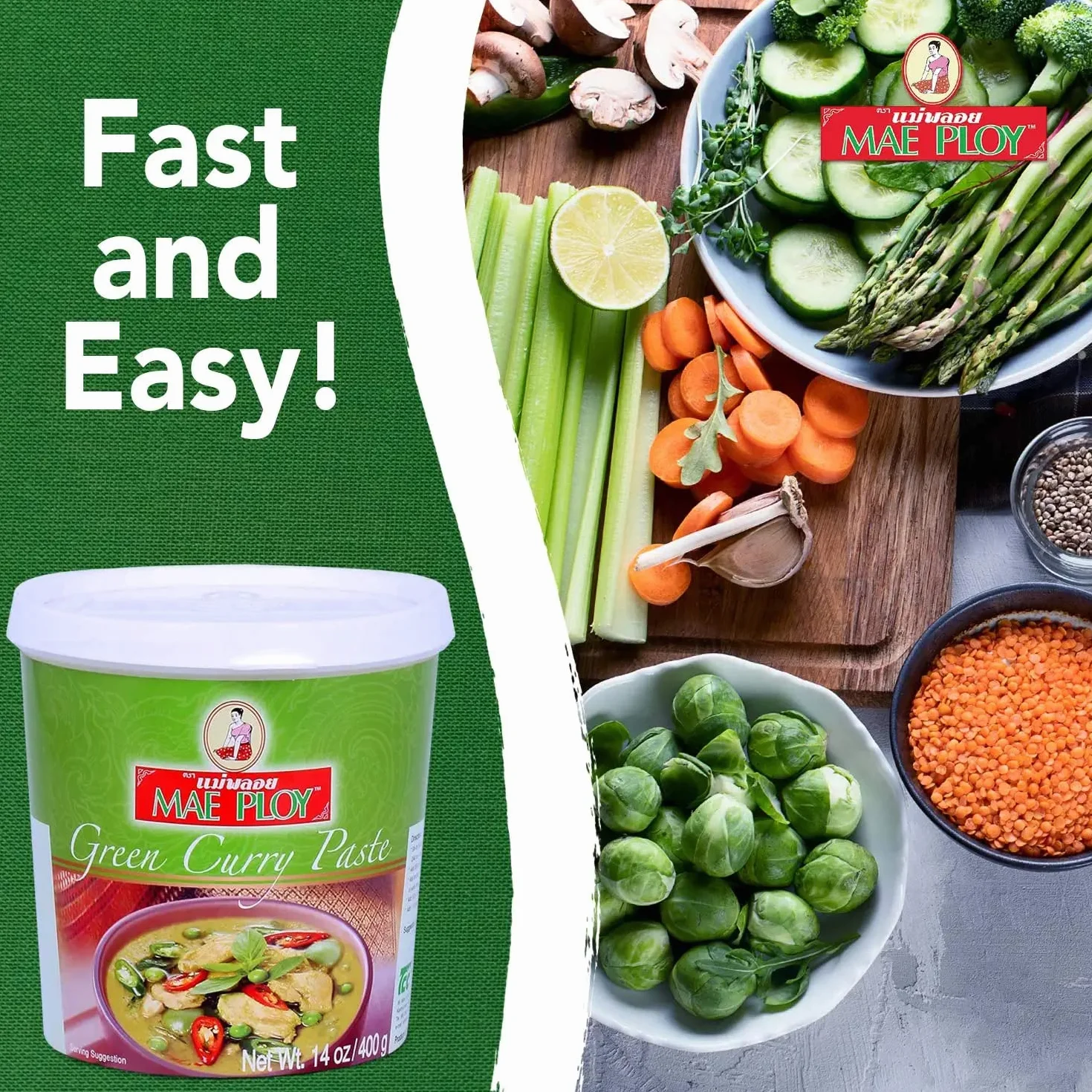 Pasta de Curry Verde Tailandés 400 g, mezcla aromática picante para recetas thai