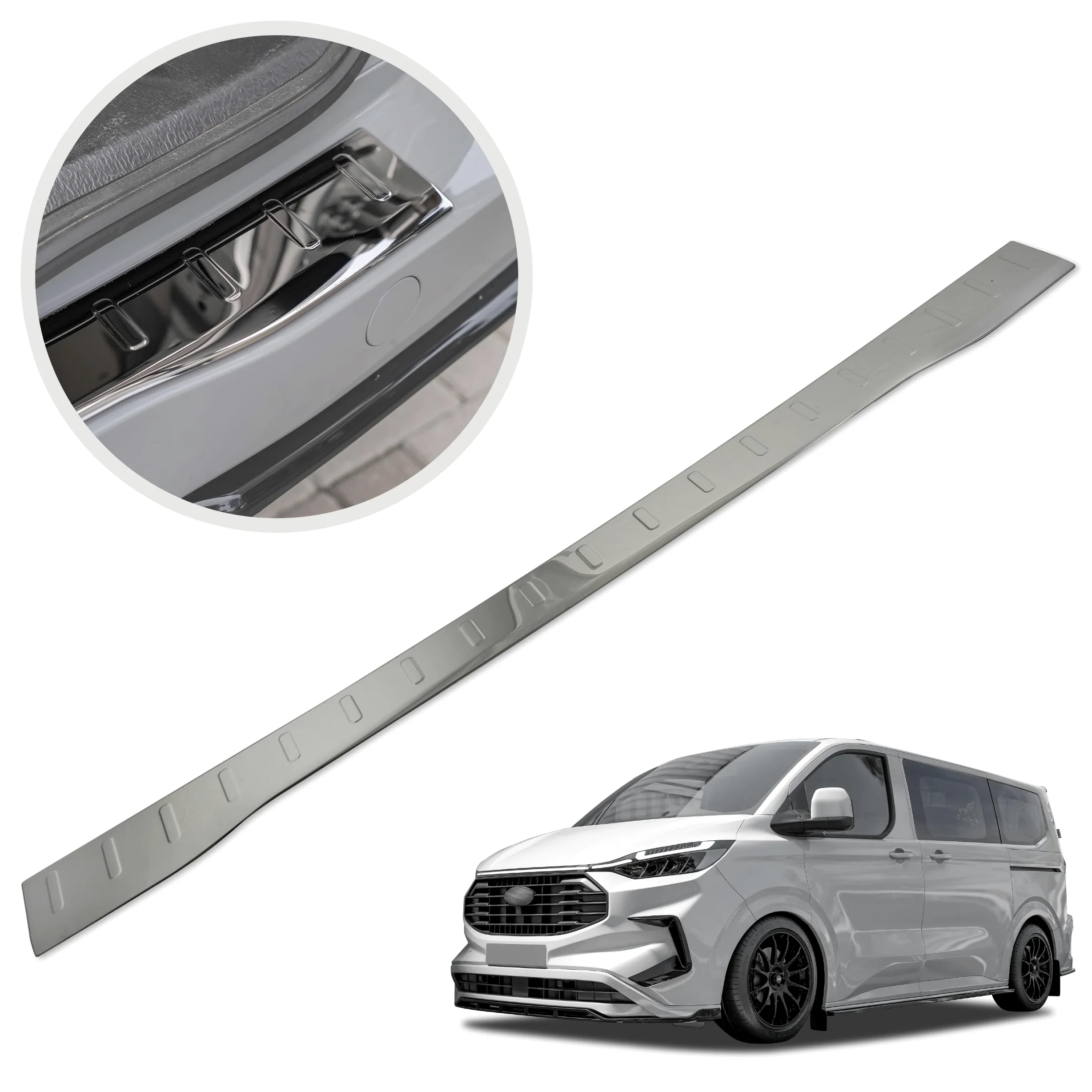CHROMEMASTER | Protector de Parachoques Trasero Compatible con Ford Tourneo Custom 2023+; Acero Inoxidable, Pulido, Cromo Negro; Tira Protectora Protege la Pintura del Parachoques Trasero de Daños