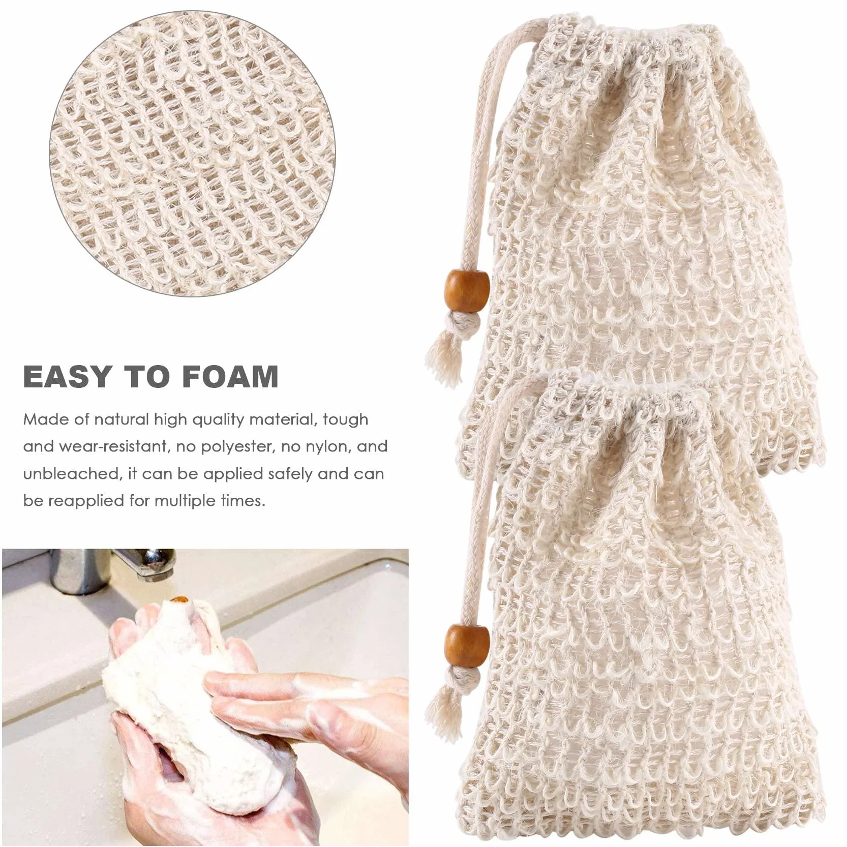 Bolsas de jabón de sisal con cordón para baño y ducha, 40 unidades