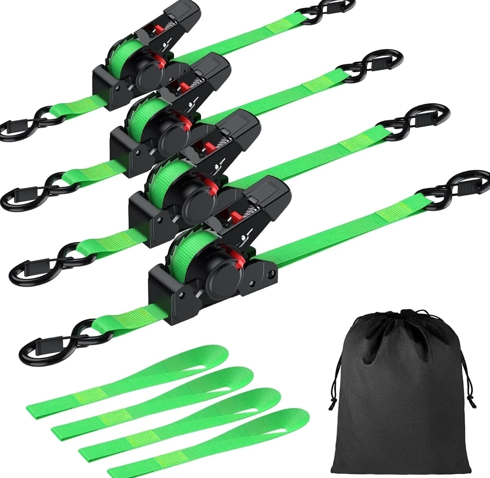 cinchas de Amarre Correas de Amarre con trinquete retráctiles (Paquete 4): Longitud 3,5 m, Resistencia a la Rotura 640 kg, Mecanismo retracción automática, Ganchos en S