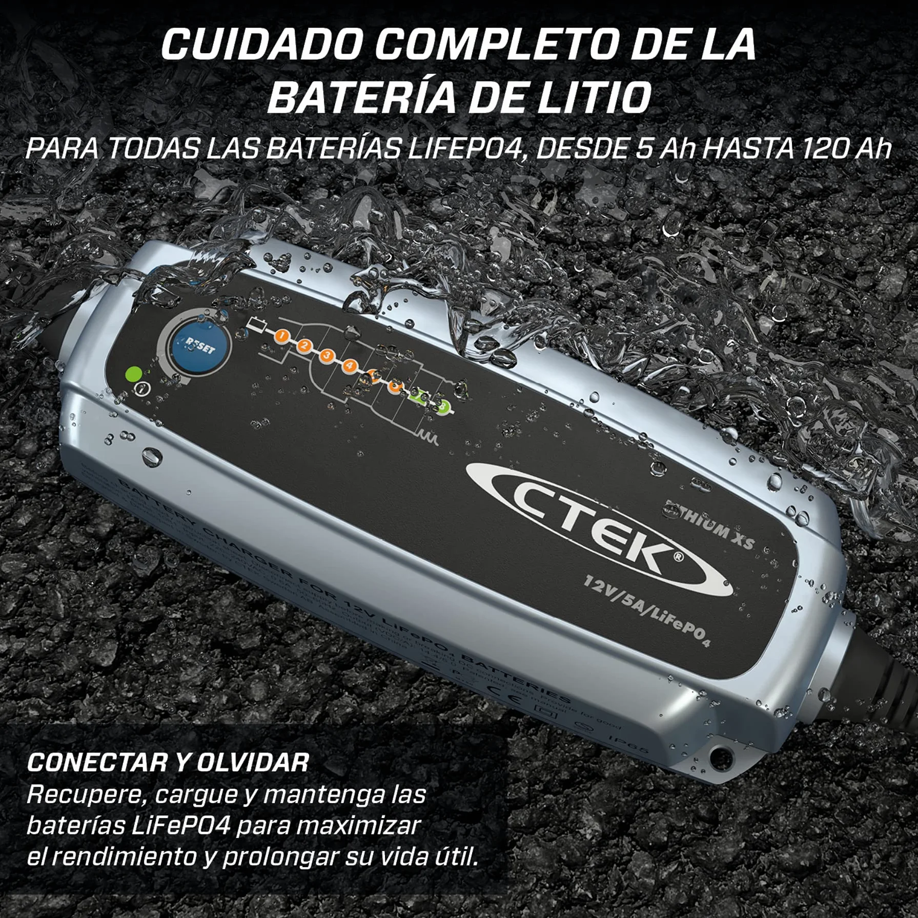 CTEK Lithium XS Cargador Batería 12V 5A, Cargador De Batería LiFePO4, Cargador Batería Litio, Cargador Inteligente Baterias, Cargador De Batería De Coche Y Mantenedor con Connect and Forget