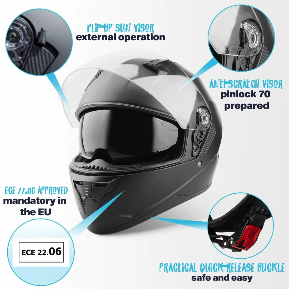 VINZ Kennet Casco Integral Moto | con Visera Solar | ECE 22.06 Homologado | Casco Scooter & Ciclomotor | En Tamaño XS - XXL | para Hombre y Mujer - Negro Mate