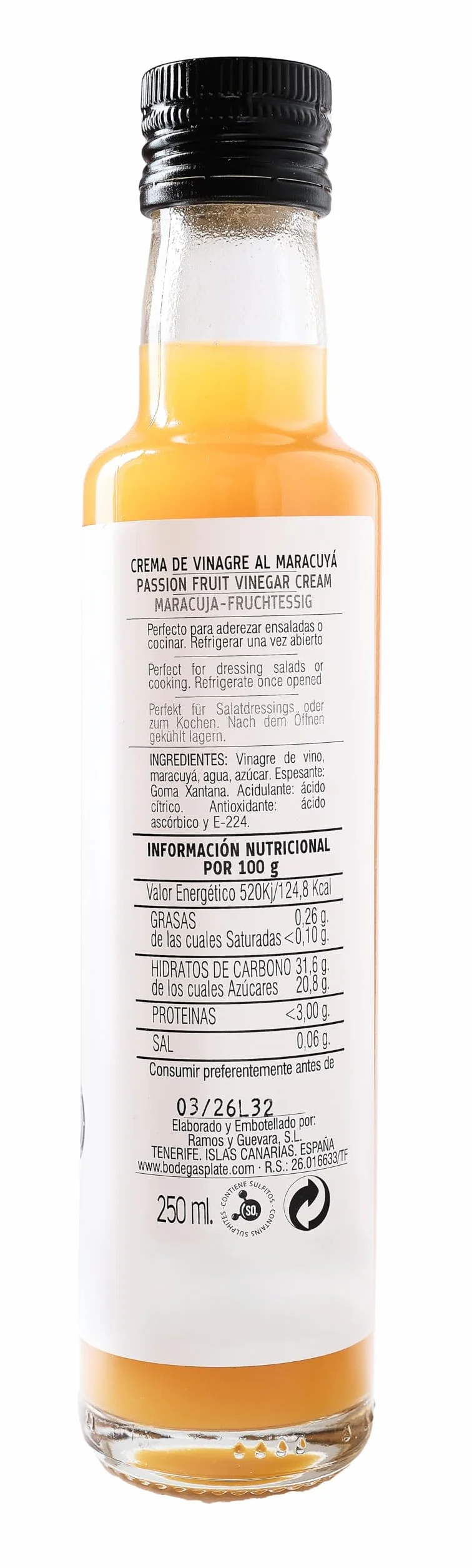 Crema de Vinagre de Maracuyá 250 ml Aderezo frutal vegano sin gluten