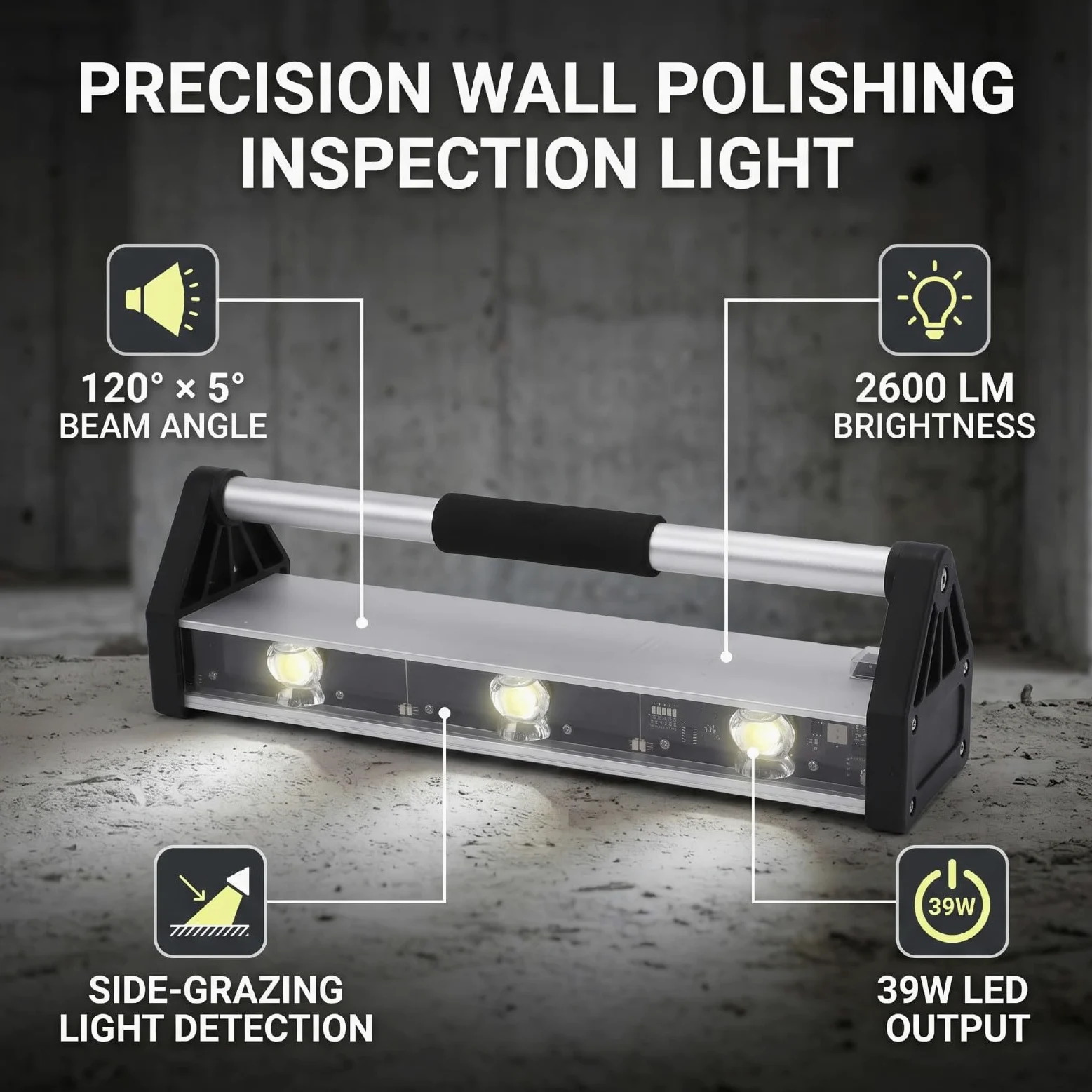Zunate Luz de Inspección de Pulido de Pared de 2600 Lúmenes, ángulo de Haz de 120 X 5 Grados, Luz Rasante Lateral de 3 LED para Inspección de Pintura de Piso de Azulejos de Pared, Lámpara de